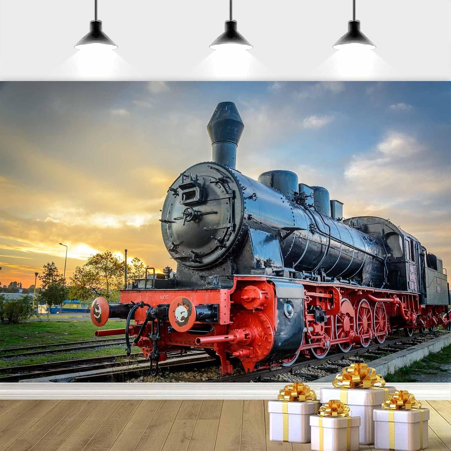 DYNH Sunset Supplies-7x5FT Steam Train Backdrop,Railroad Tracks Railway Photo Background,Train Banner,School Bulletin