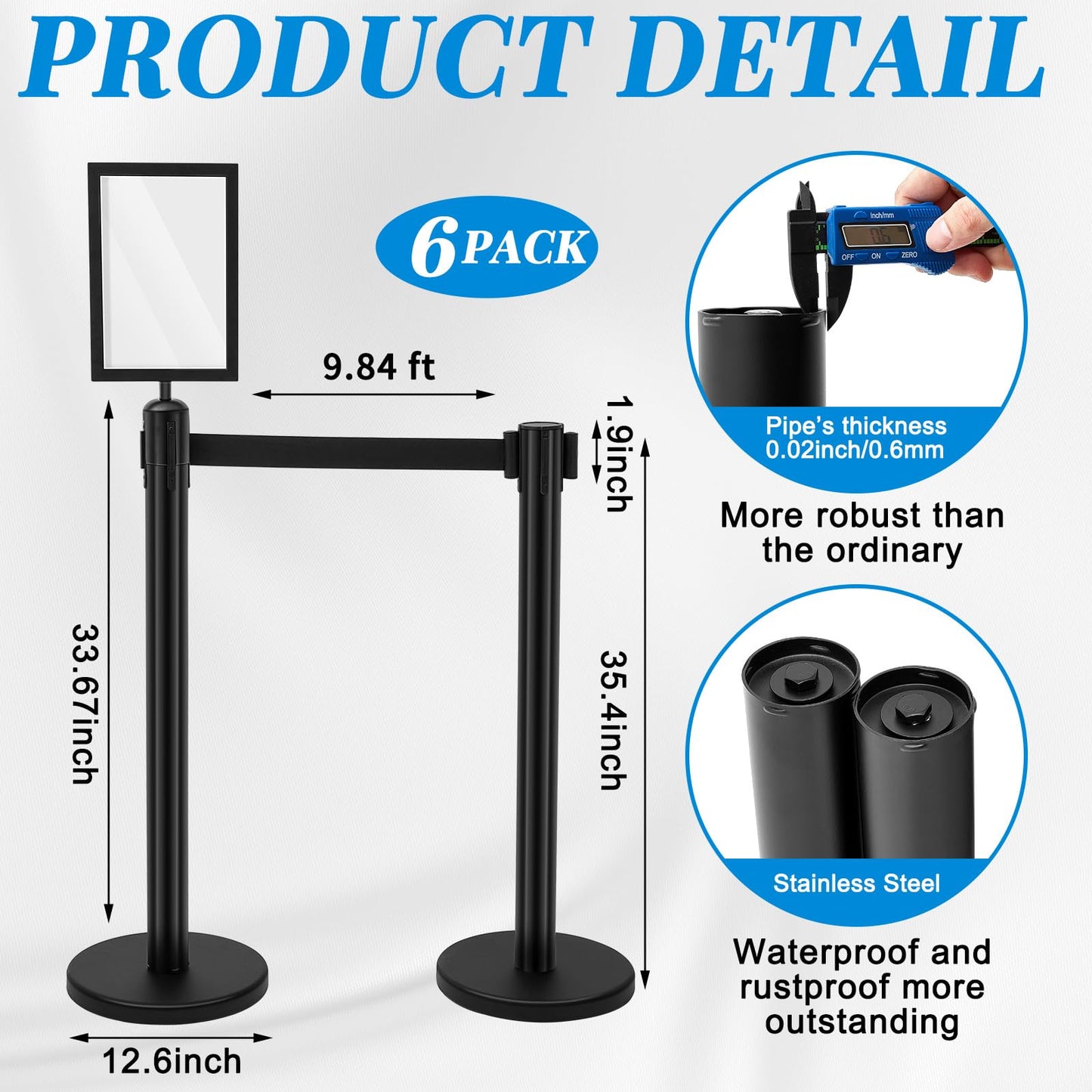 Geelin 6 Pack Heavy Duty Crowd Control Stanchions Stanchion Set with Safety Barrier Post with Retractable Belt and Sign Holder Crowd Control Barrier (9.8ft,Black)