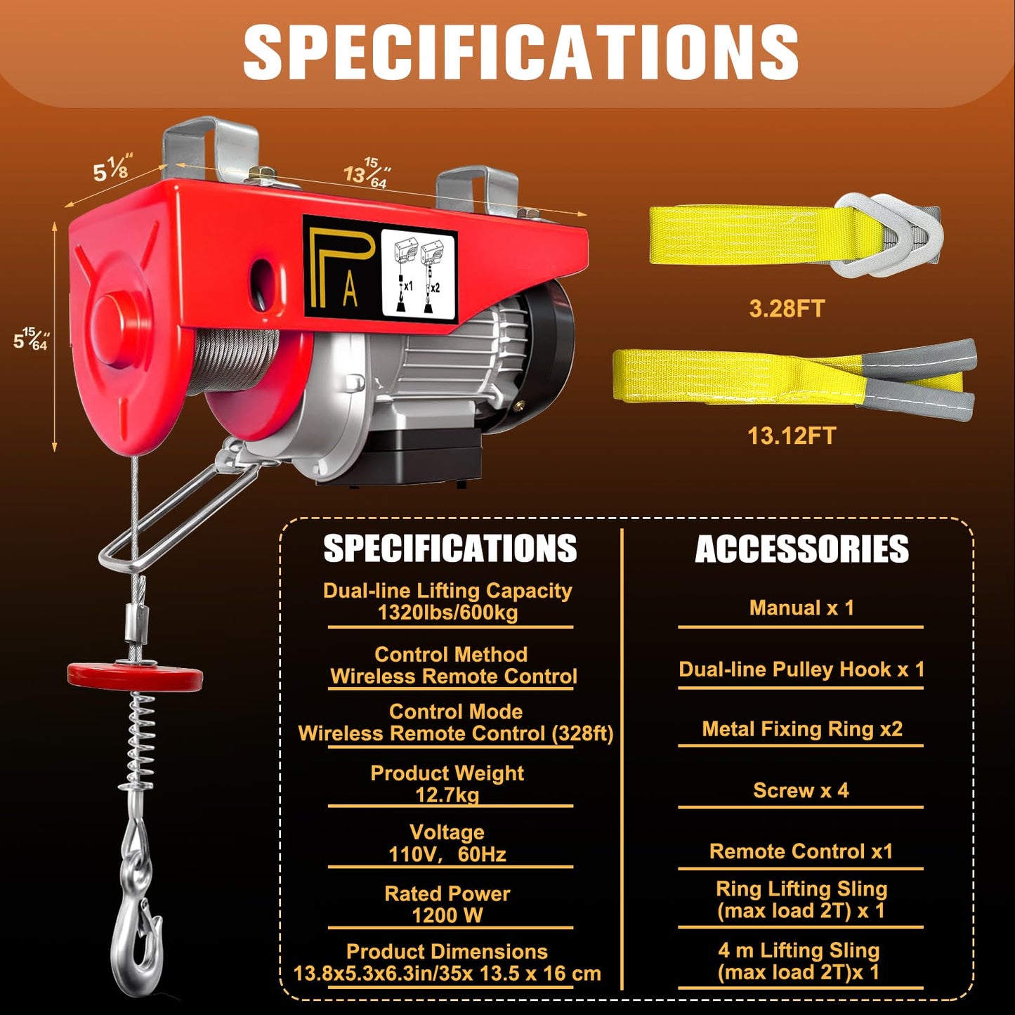 Electric Hoist with Wireless Remote Control, 1320LBS Electric Hoist with Emergency Stop,39.4ft/20ft Lifting Height Motor, 110V Electric Lift for Factories,Warehouses