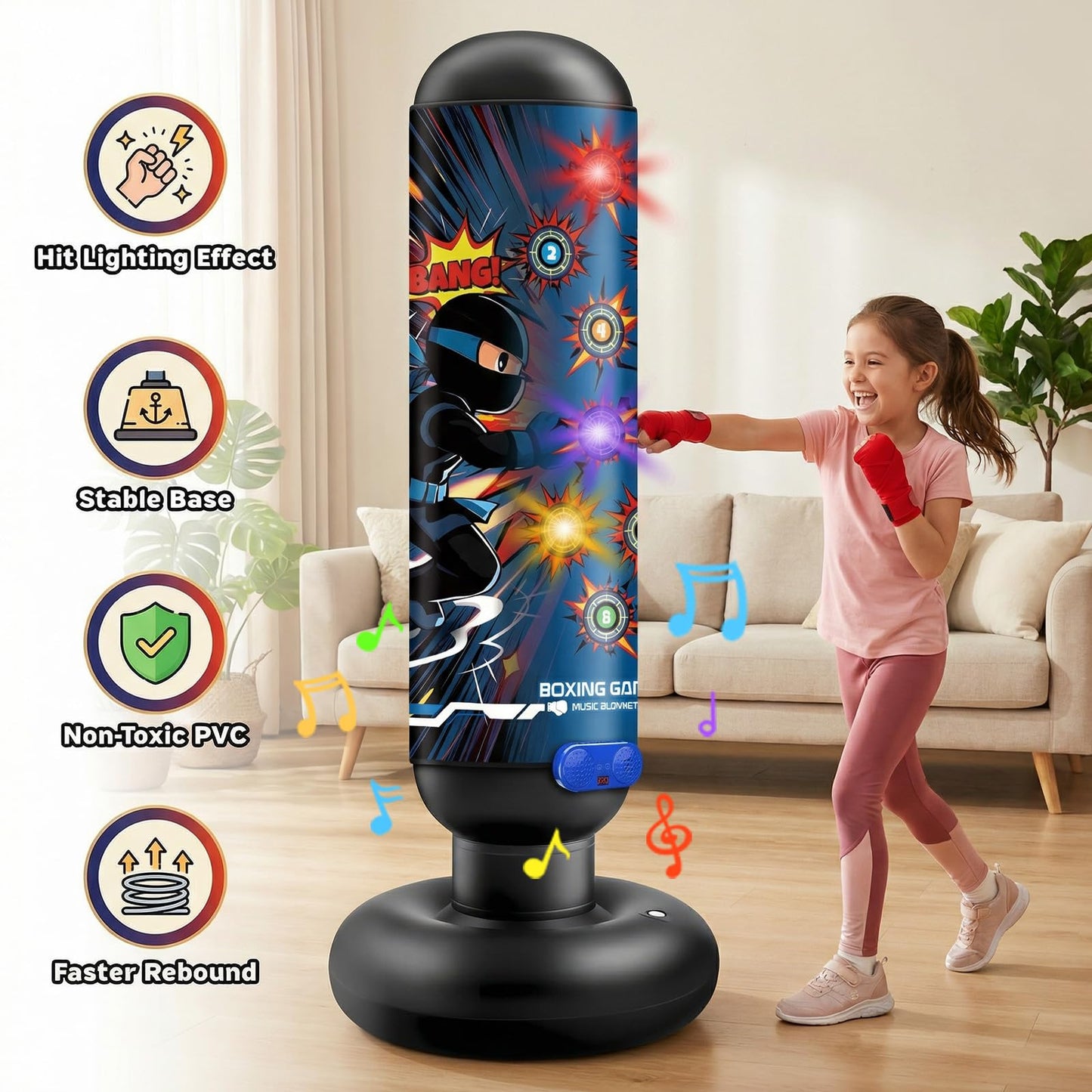 Kids Inflatable Punching Bag Toys: 4 Modes Interactive Boxing Game Stand Set with Music LED Lights Air Pump - Christmas Birthday Gifts Sports Play for Boys Girls Ages 6 7 8 9 10 11 12 Year Old