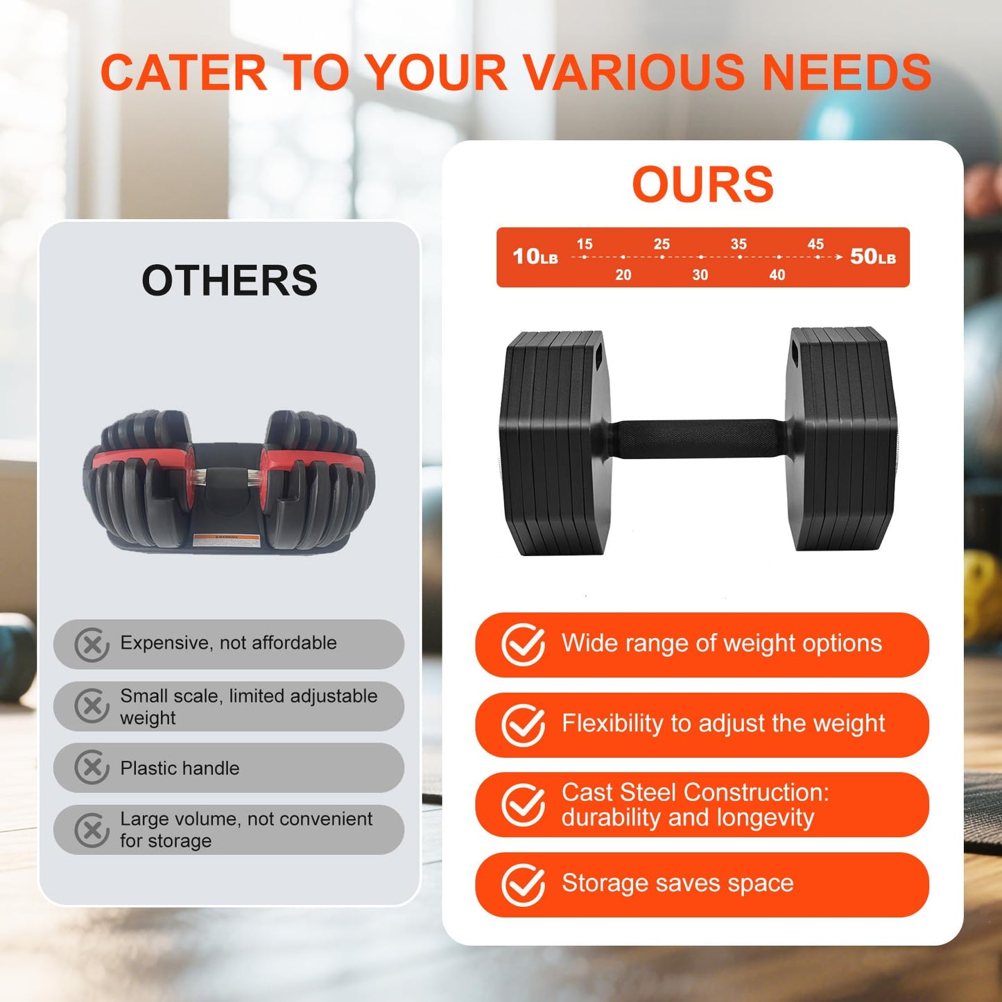 AOC PILATES Adjustable Dumbbell Sets 50lb Pairs Durable Steel Build, Free Weights Dumbbells Set with Anti-slip Handle, 5 lbs Increment, For Full Body Home Gym Workout