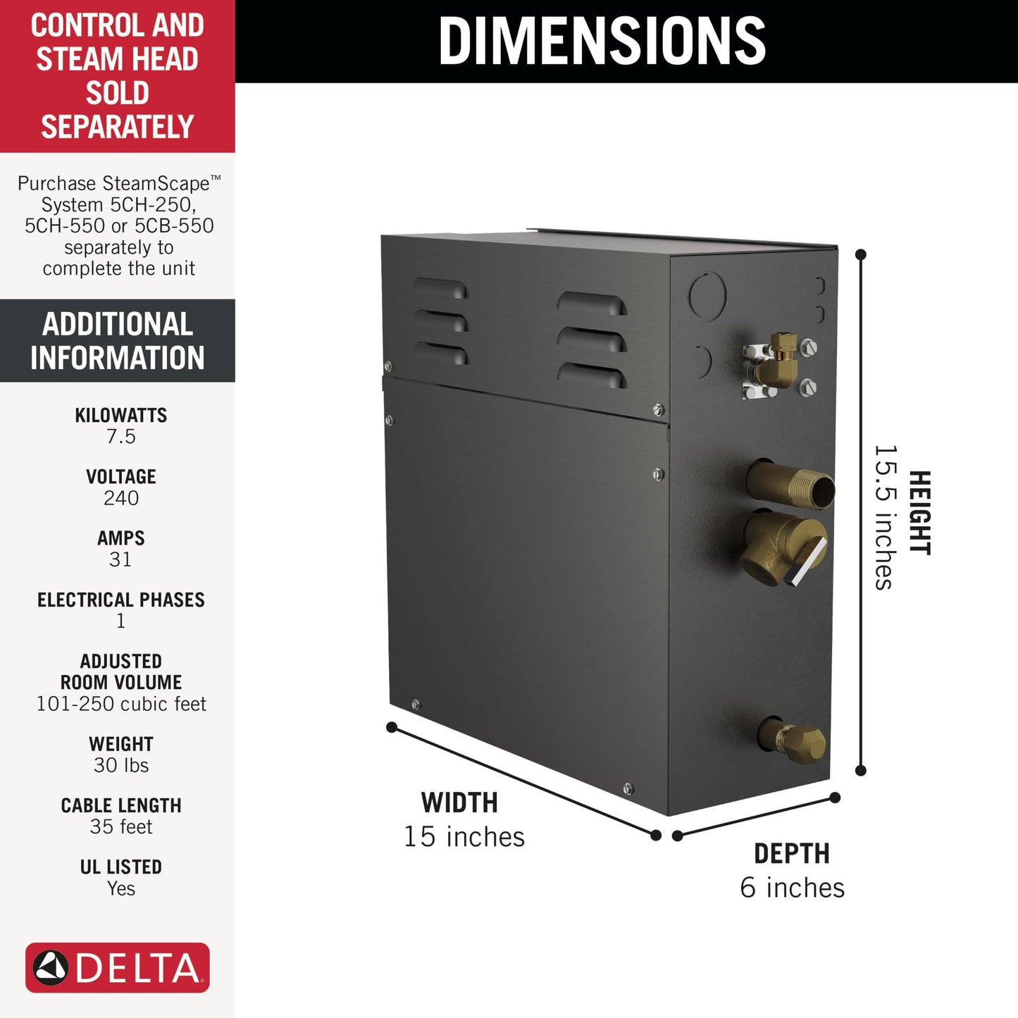 Delta SteamScape 7kW Steam Generator for Showers, Steam Shower Generator 240v, 5GE-SMP07-240-1