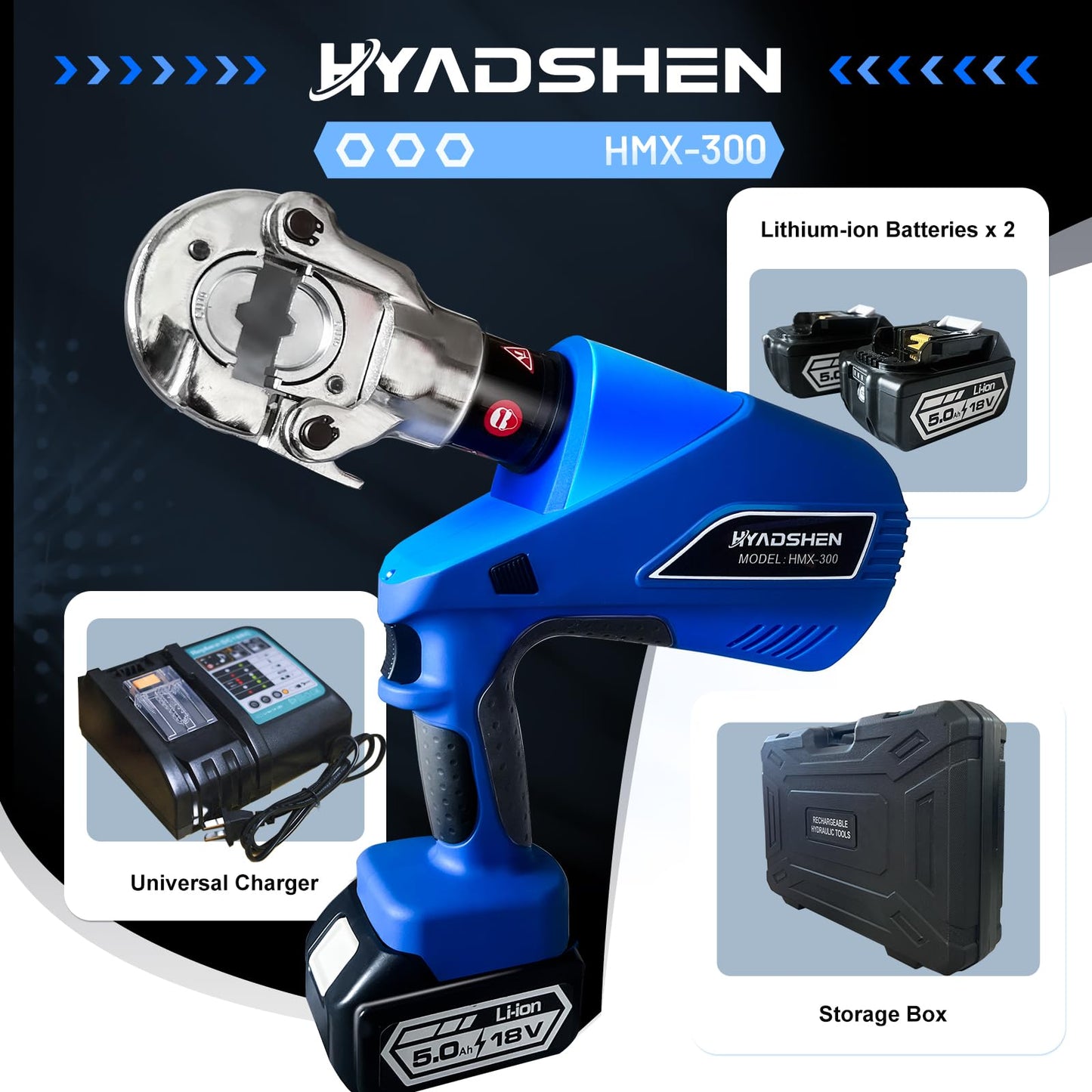 HYADSHEN Electric Hydraulic Cable Lug Crimper Pliers Rechargeable Crimping Tool 6 Ton Electrical Terminal Cable Wire Fiber Crimper Kit with 11 Dies (HMX-300)