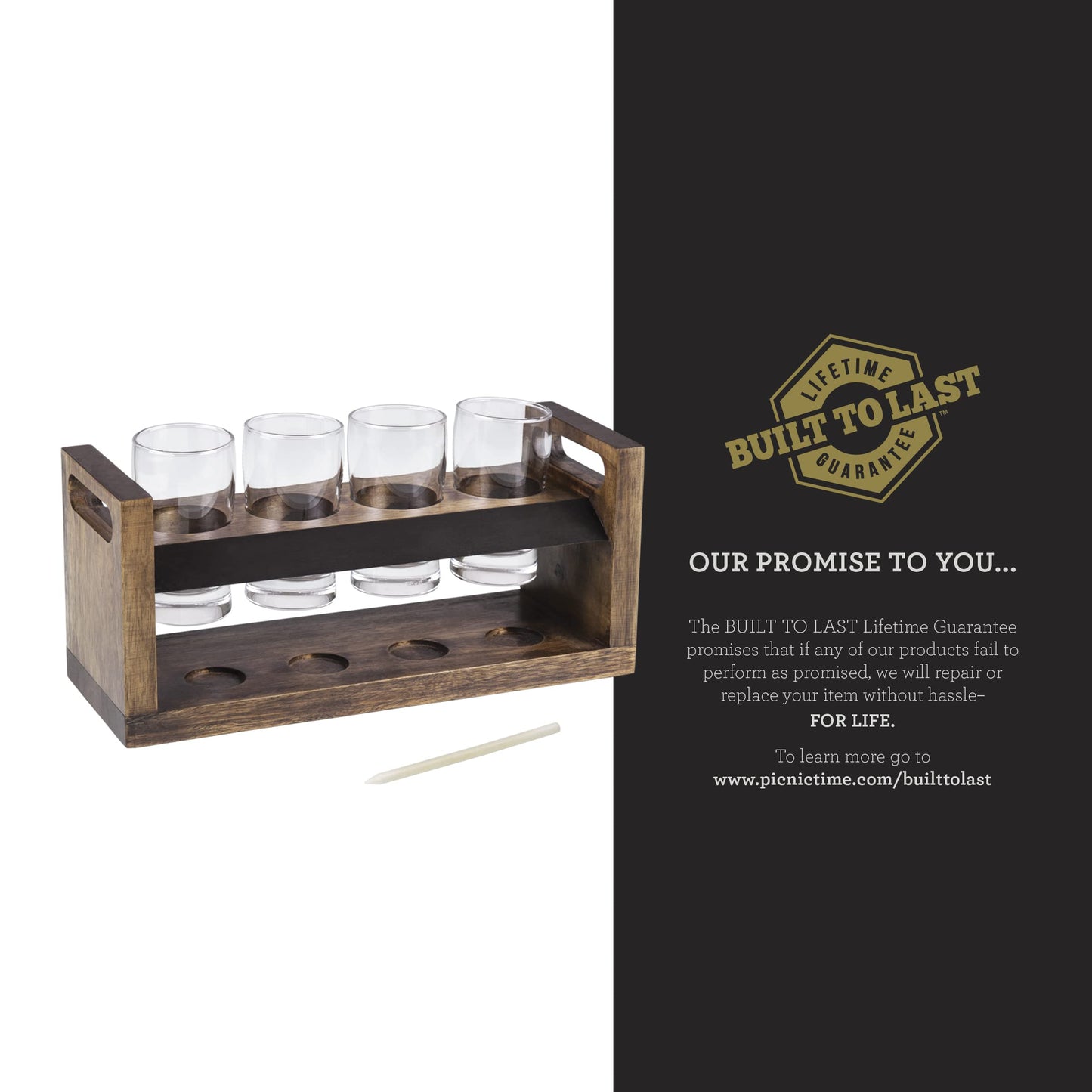 PICNIC TIME Craft Beer Flight Beverage Sampler, Beer Glasses Set, Gifts for Men, Bar Glasses Drinking Set with Carry Handles, Hollowed Areas, and Chalkboard Panel for Home and Bar, (Acacia Wood)