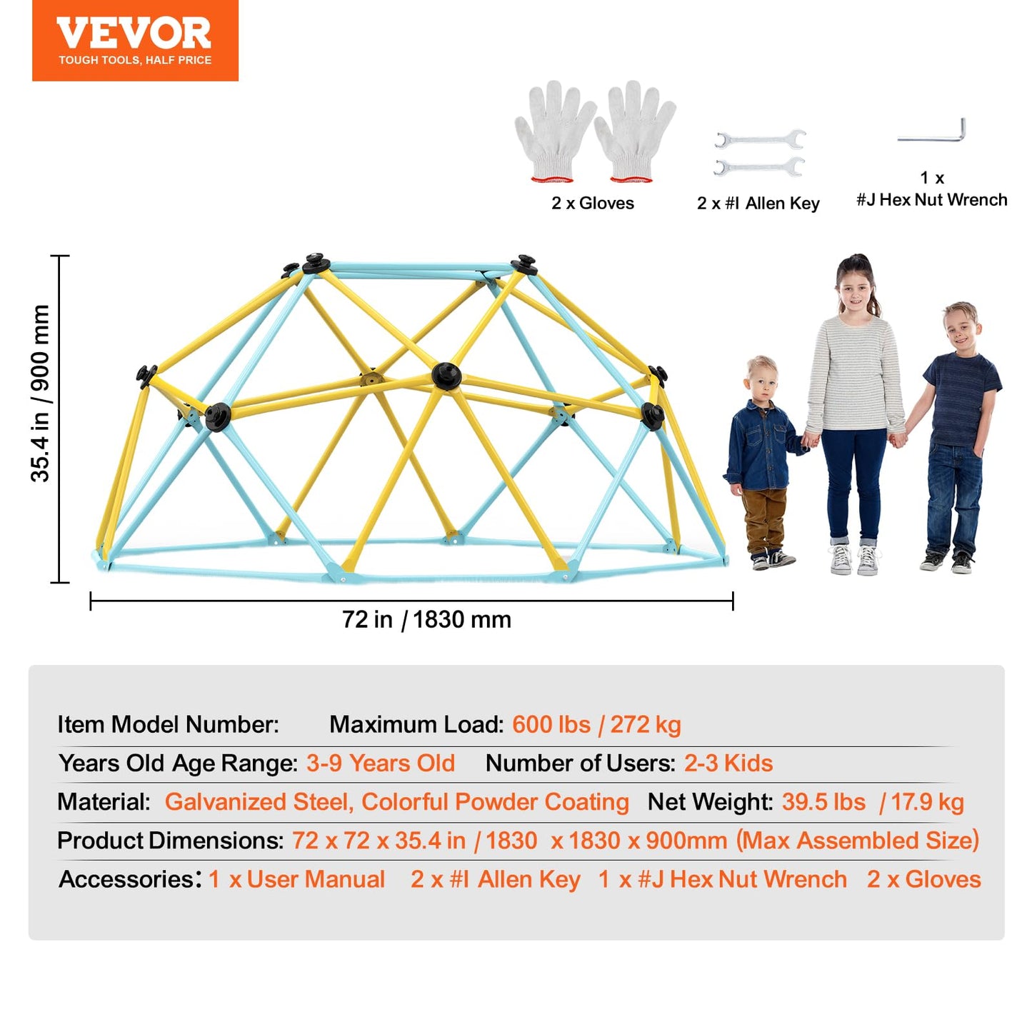 VEVOR Climbing Dome, 6FT Jungle Gym for Kids 3 to 9 Years Old, Geometric Dome Climber Play Center Supports 600LBS and Easy Assembly, with Climbing Grip, Outdoor and Indoor Play Equipment for Kids