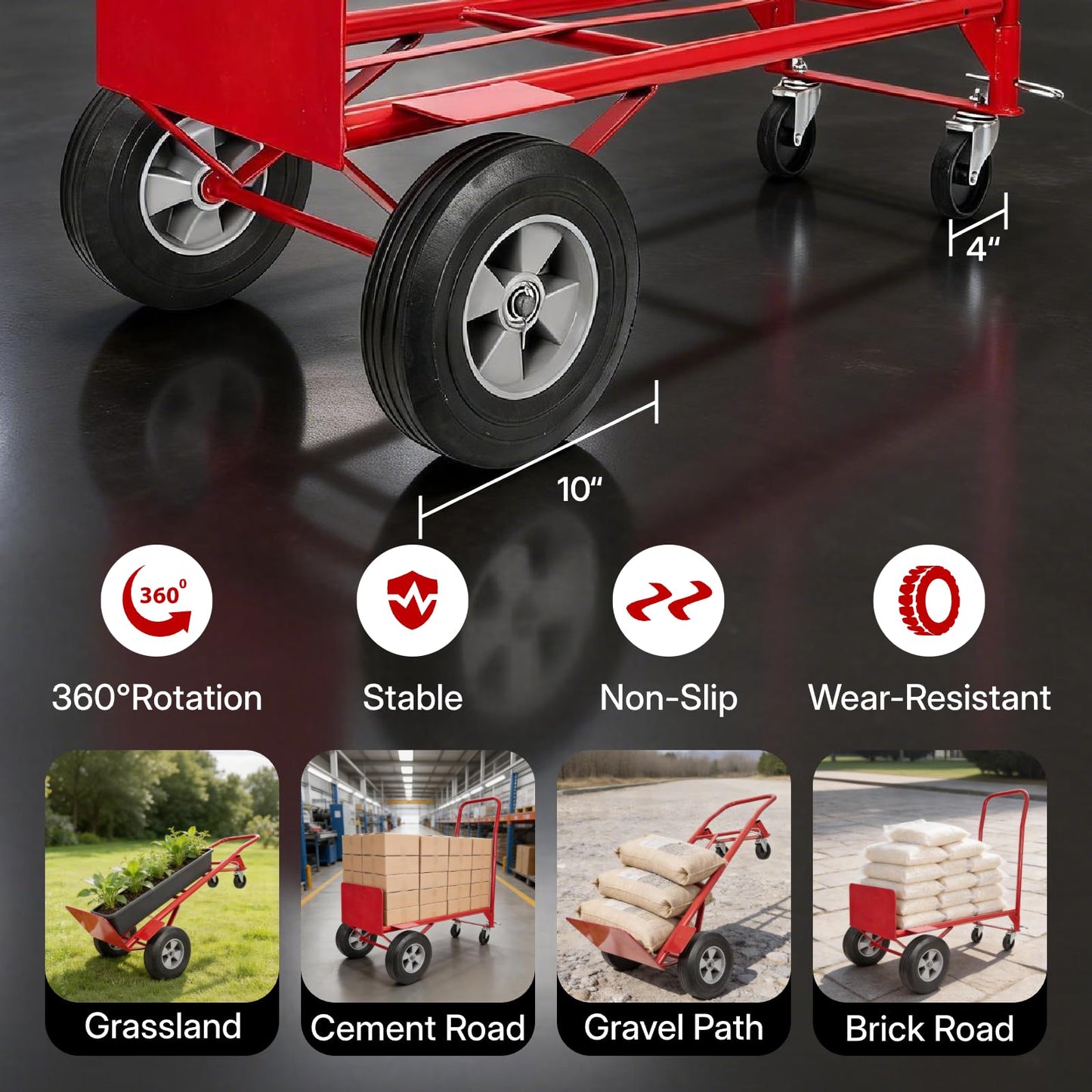 Heavy Duty 2-in-1 Convertible Hand Truck and Platform Cart, 990 lbs Capacity, Steel Frame, 10" Solid Rubber Wheels, Folding Dolly with Beveled Nose Plate for Easy Transport