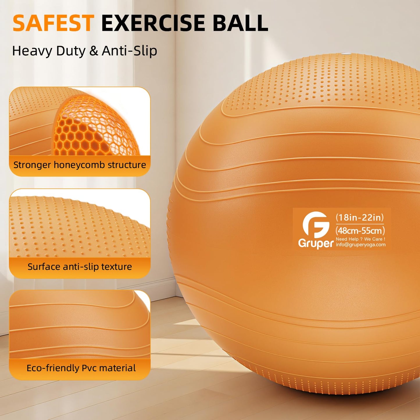 Gruper Yoga Ball, Extra Thick Non Slip Exercise Ball for Workout, Birthing, Balance, Stability, Pregnancy, 4 Sizes Anti Burst Chair for Home and Office, Includes Quick Pump & Fitness Guide