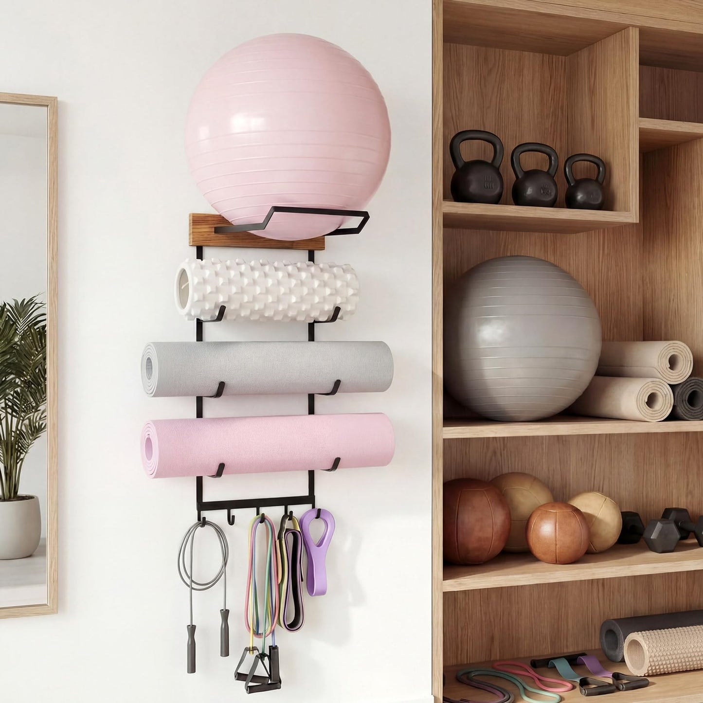 Geelin Yoga Mat and Ball Holder Wall Mount, 4-Tier Yoga Mat & Ball Storage Rack, Home Gym Organizer, Black Metal Floating Shelf for Hanging Foam Rollers & Resistance Bands(5 Hooks Style,Wood Color)