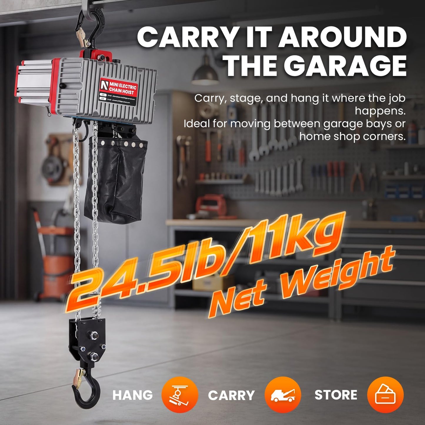 NEWTRY Mini Electric Chain Hoist 1100lb, 11kg Lightweight, 800W Powerful Brushless Motor, 1.7m/min & 5m/min Lifting Speed, 7.5ft Wired Control for Garages, Workshop, Constructions