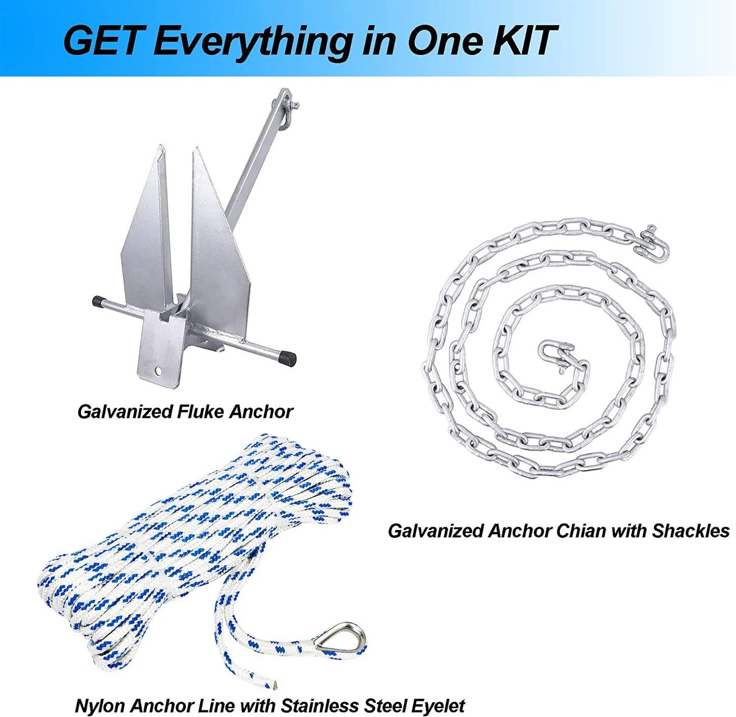 Young Marine Portable Galvanized Fluke Style Anchor Kit Includes Galvanized Fluke Anchor, Rope, Shackles, Chain 8LB 10LB (10 LB)