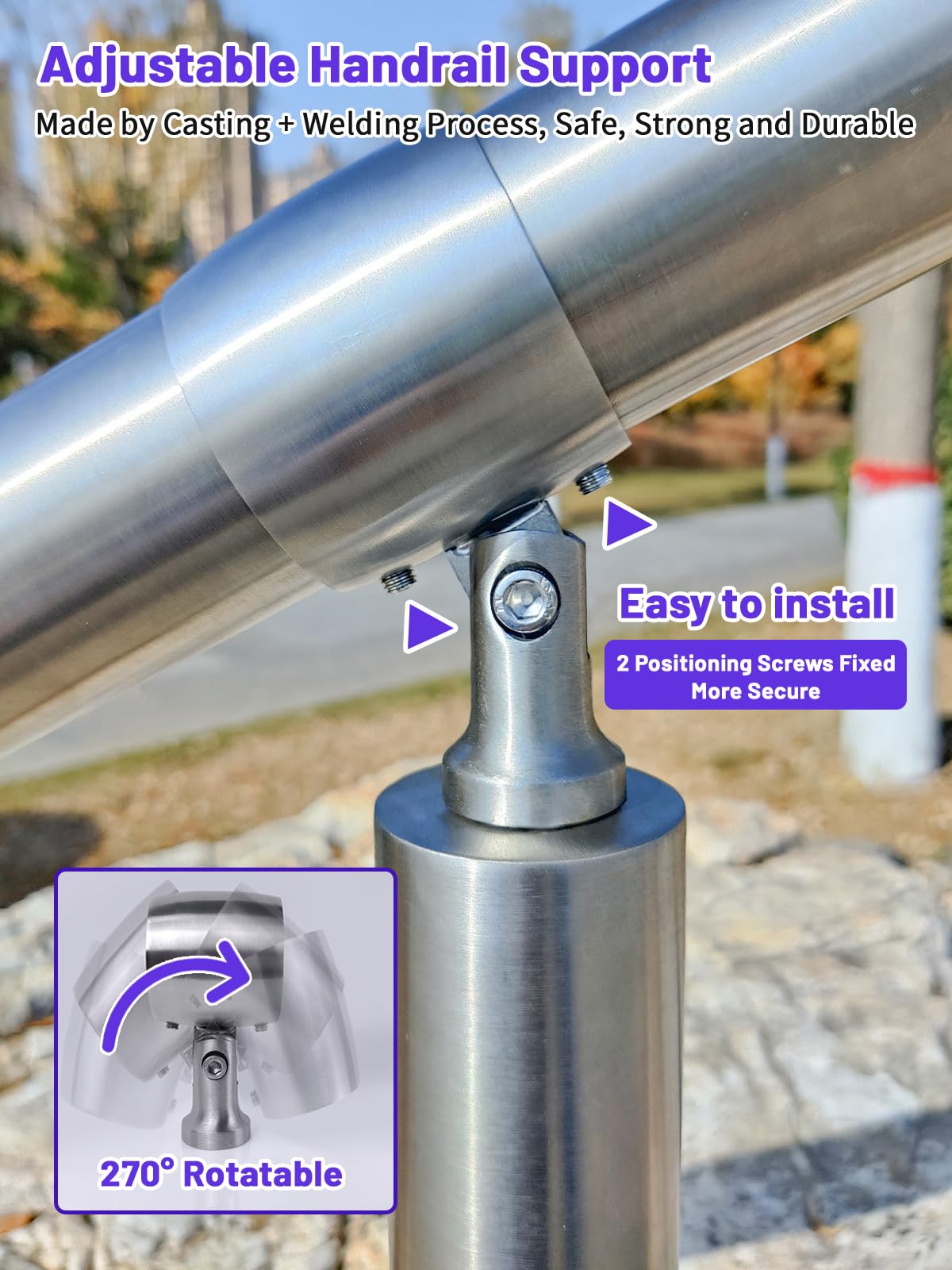 ZALNVEY Outdoor 4 Step Handrail, DIY 304 Stainless Steel Transitional Hand Rails with Installation Kit,Silver Porch Stair Railing for Concrete Brick or Wooden Steps, 54x36