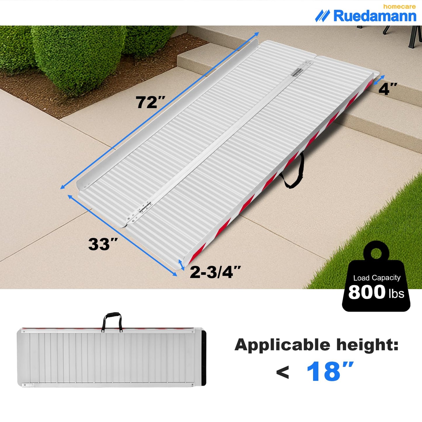 Ruedamann 6FT Wheelchair Ramp, 33" Extra Wide Aluminum Ramps for Wheelchairs for Home, 1000 LBS Capacity Portable Ramp with Handle, Non-Slip Wheelchair Ramps for Home Steps, Entry, Stairs, Doorways
