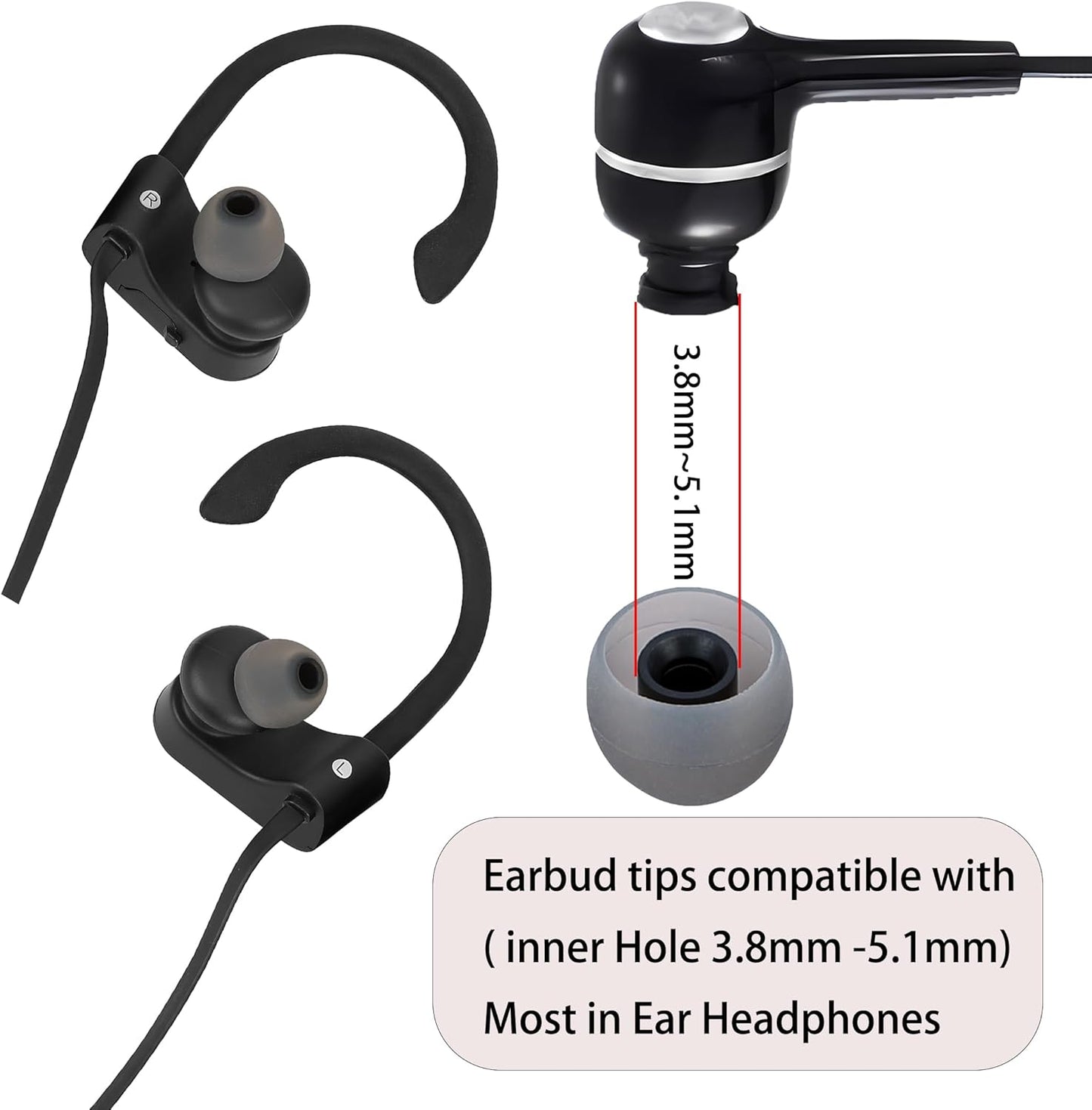 MQIMY 3.8mm -5.1mm) 18 Silicone Replacement Earbud Tips Earbud Covers Eartips Fit Most in-Ear Earbuds(Inner Hole