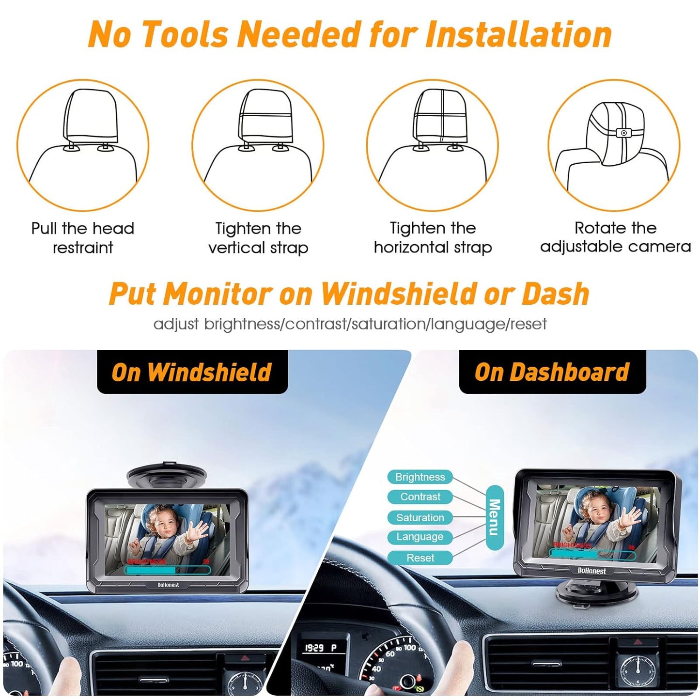 1080P Setup, DoHonest Baby Car Camera HD - Rear-Facing Car Baby Monitor with Night Vision, Adjustable View Angle, Easy