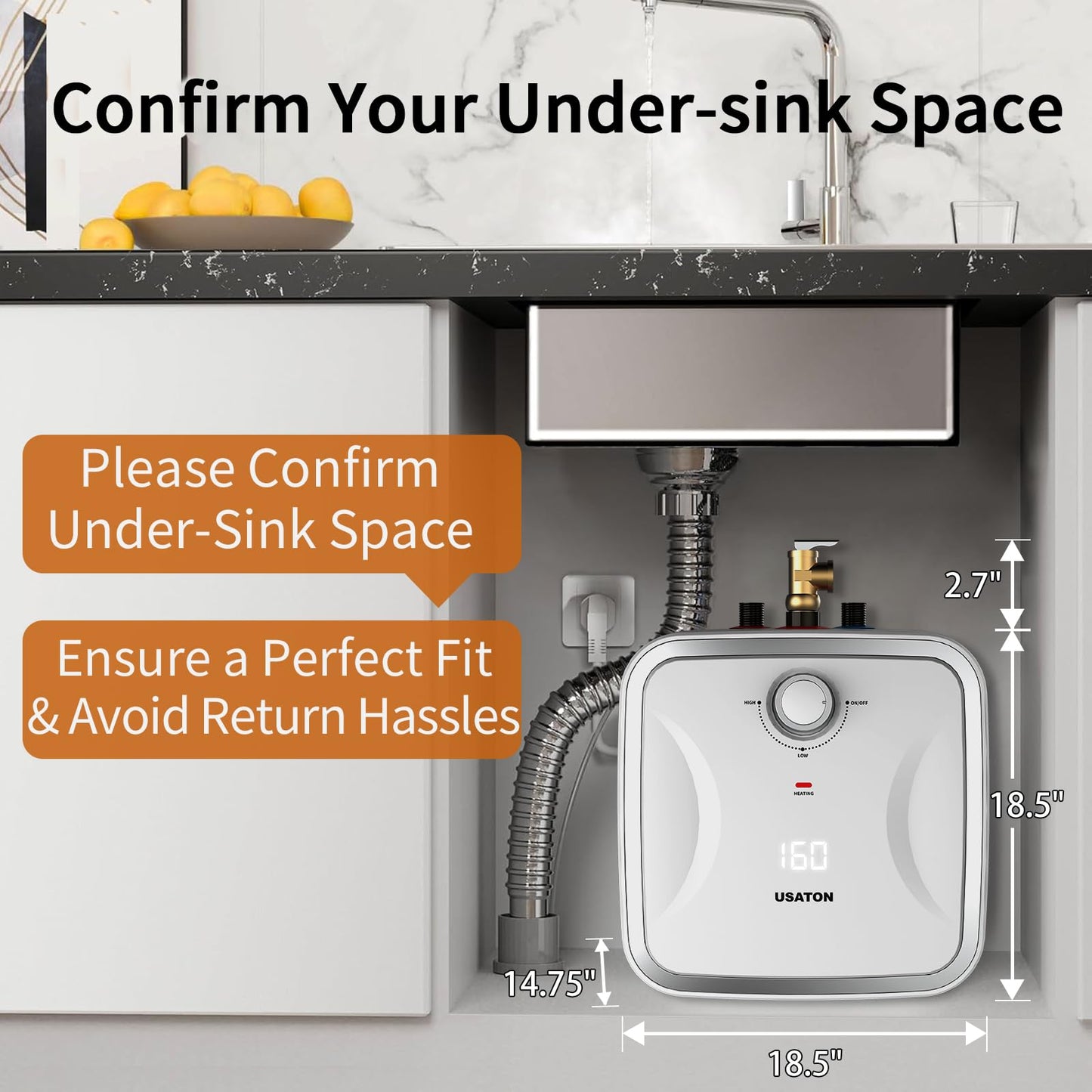 6.6 Gallon Hot Water Heater Electric - Under Sink Portable Mini Hot Water Tank with LED Display for RV Camper Kitchen Food Truck, 110V/120V 1440W, Wall or Floor Mounted Simple Installation