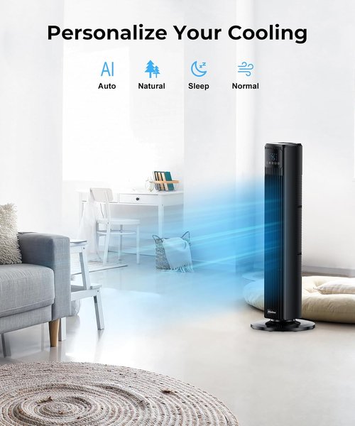 Abolee Tower Fan - Quiet 90° Oscillating Floor Fan with Remote | 4 Speeds, 12H Timer, Black