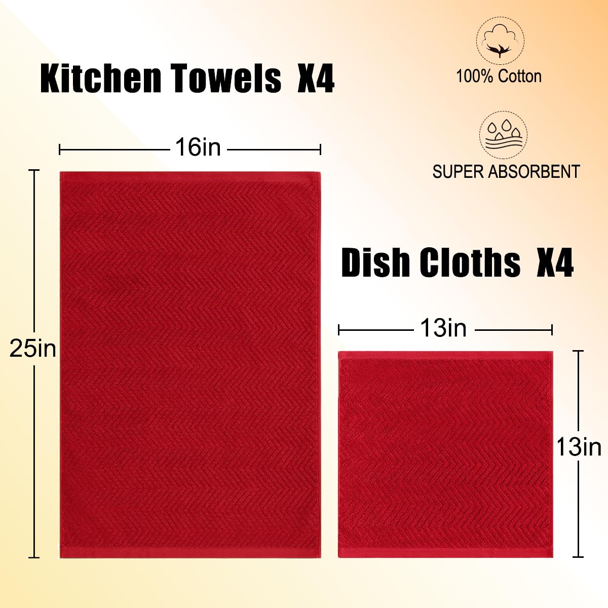 QAJ 100% Cotton Kitchen Towels and Dishcloths Set, Pack of 8 Super Absorbent 16" x 25" Kitchen Towels and 13" x 13" Dish Cloths (400 GSM)