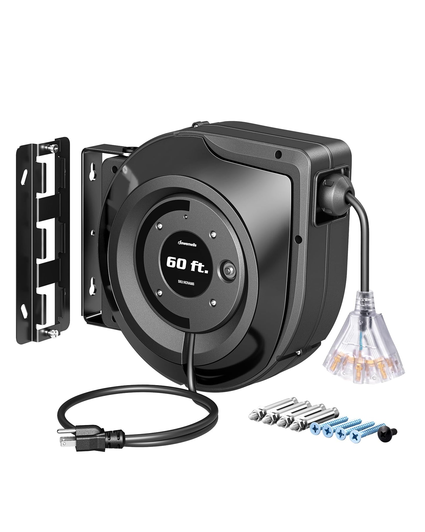 DEWENWILS Retractable Extension Cord Reel, 60FT Retractable Cord Reel, 12AWG/3C SJTOW, Lighted Triple Tap Outlets, 15A Circuit Breaker, Wall/Ceiling Mounted Heavy Duty Power Cord