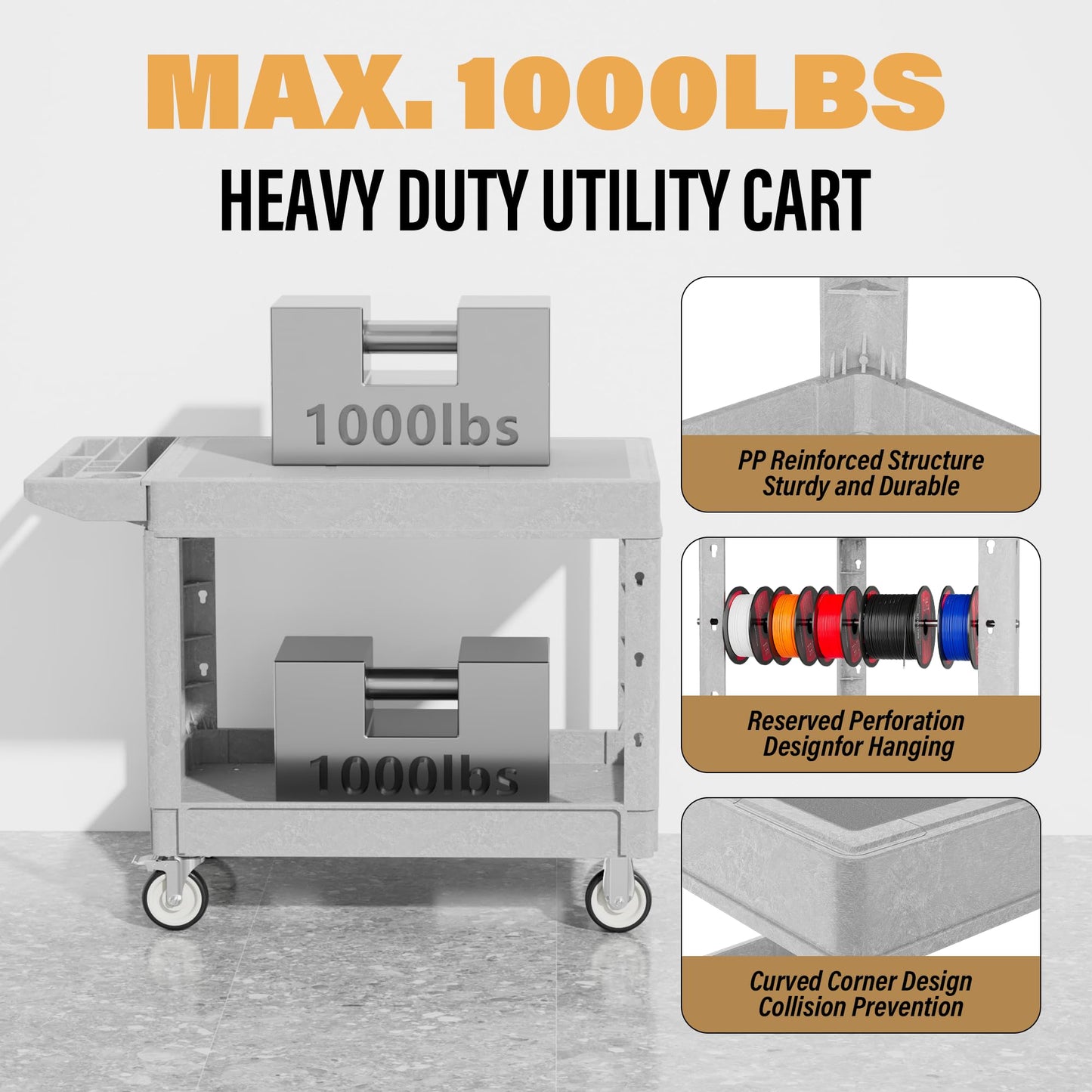 Sylritha Heavy Duty Utility Rolling Tool Cart, 1000 lbs Capacity Flat Top Plastic Utility Service Cart with Two Trays and Wheels, 46 x 26-Inch Work Cart for Storage, Garage, Warehouse, Workshop, Gray