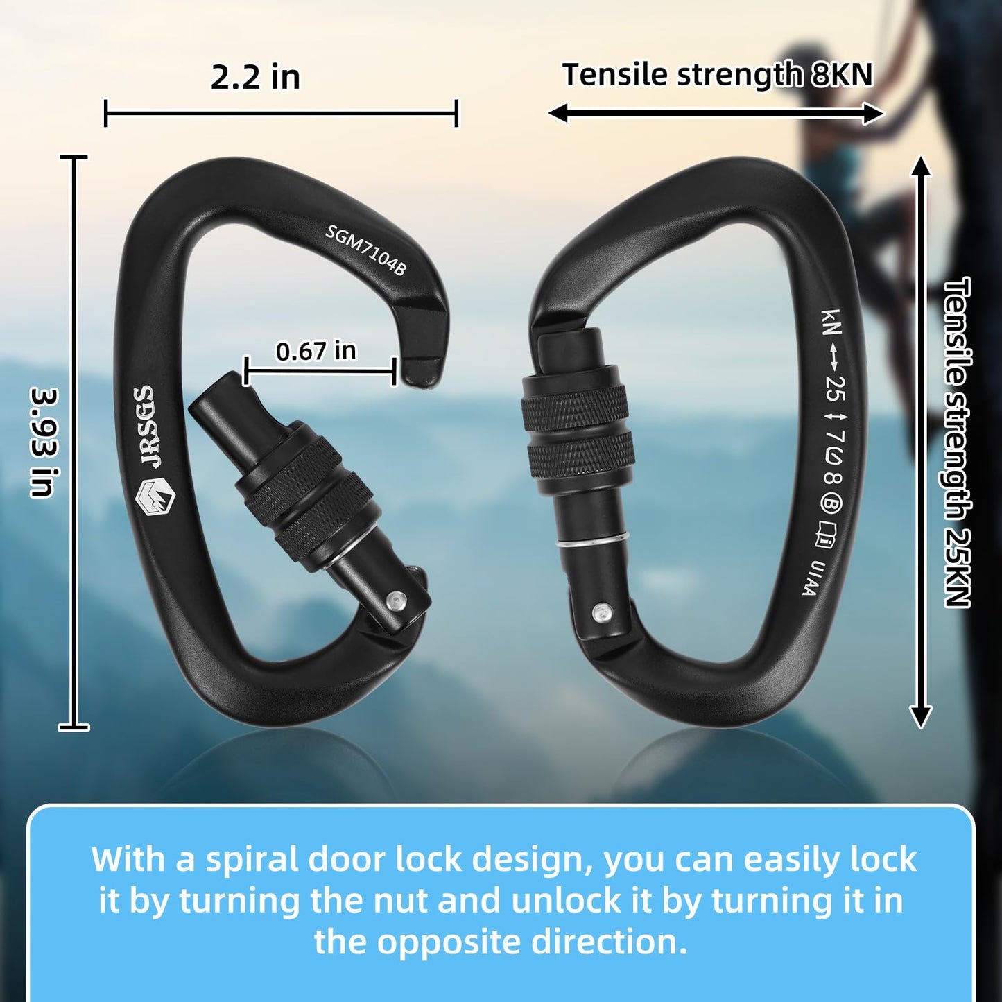 JRSGS 25KN Locking Climbing Carabiner Clips, UlAA Certified Rock Climbing Carabiner,Heavy Duty Carabiners Equipment,Large Size Carabiner for Climbing, Rappelling,Hunting and Rescue