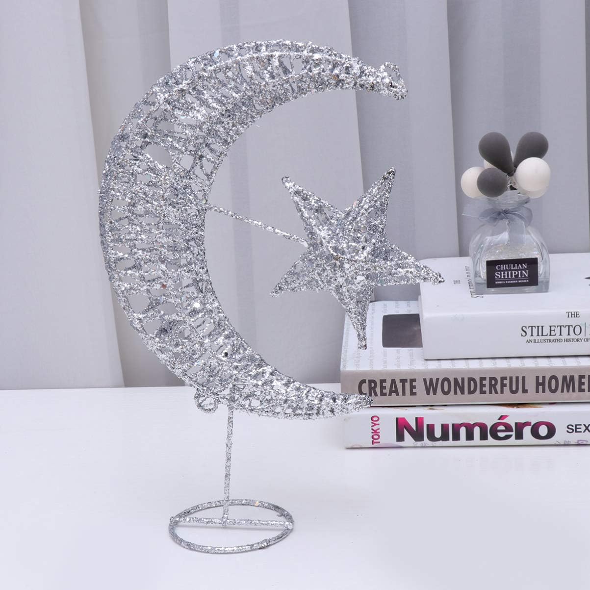 Uonlytech Wrought Iron Christmas Tree Topper - Glittering Star & Moon Design | Silver 20cm