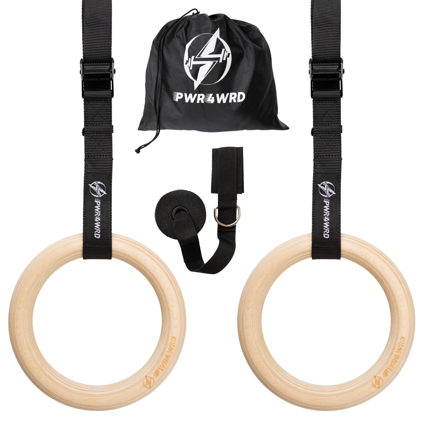 PWR4WRD Gymnastic Rings - Durable Home Workout Equipment w/Adjustable Straps & Secure Buckle - Portable 1.25" Olympic Rings for Home & Gym - Exercise Rings for Workout Bodyweight Fitness Training