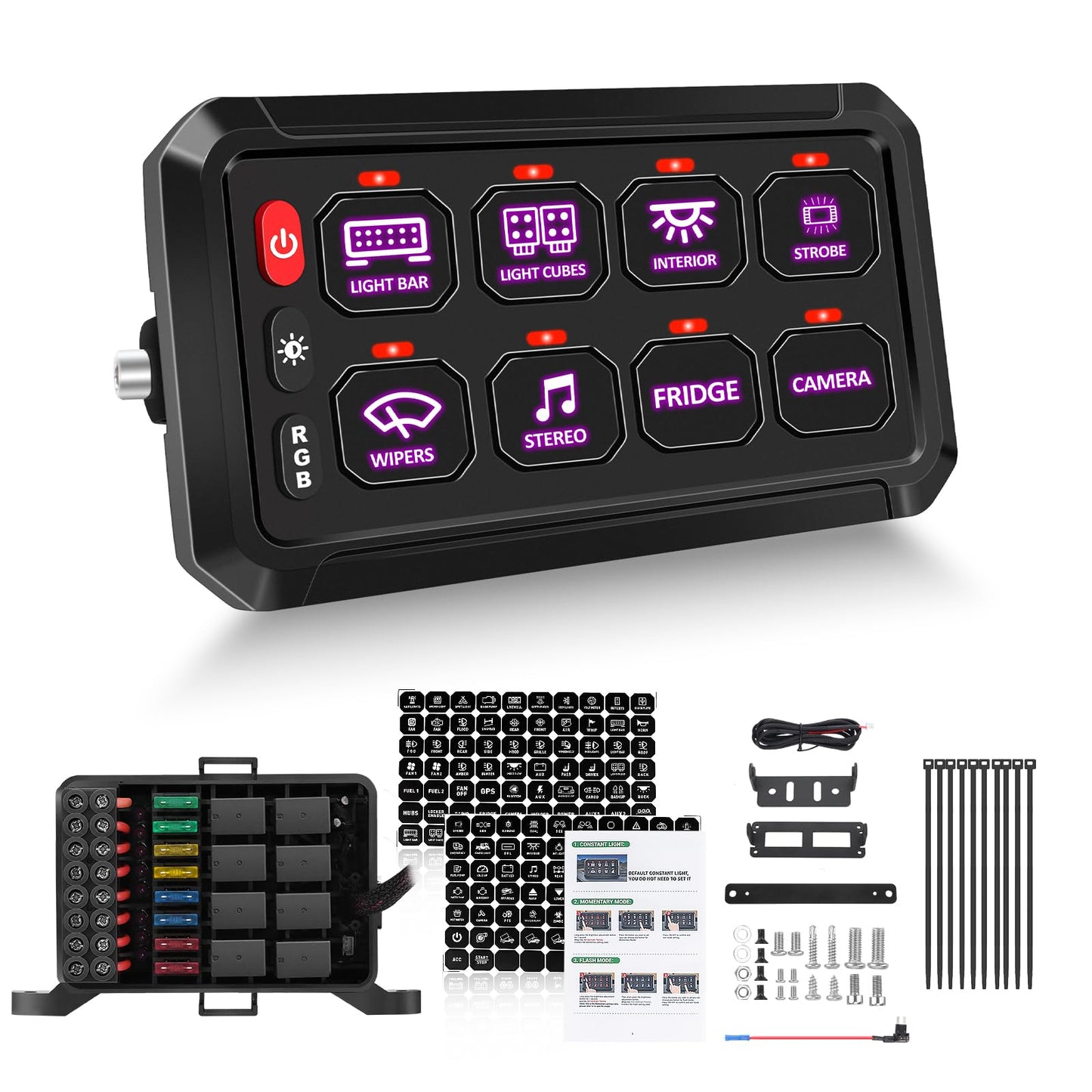 Chelhead 8 Gang RGB Switch Panel 12V Switch Toggle Momentary Pulsed 8 Circuit Control Relay Waterproof Compatible with Bus Car UTV ATV SUV Jeep Golf Cart Off-Road