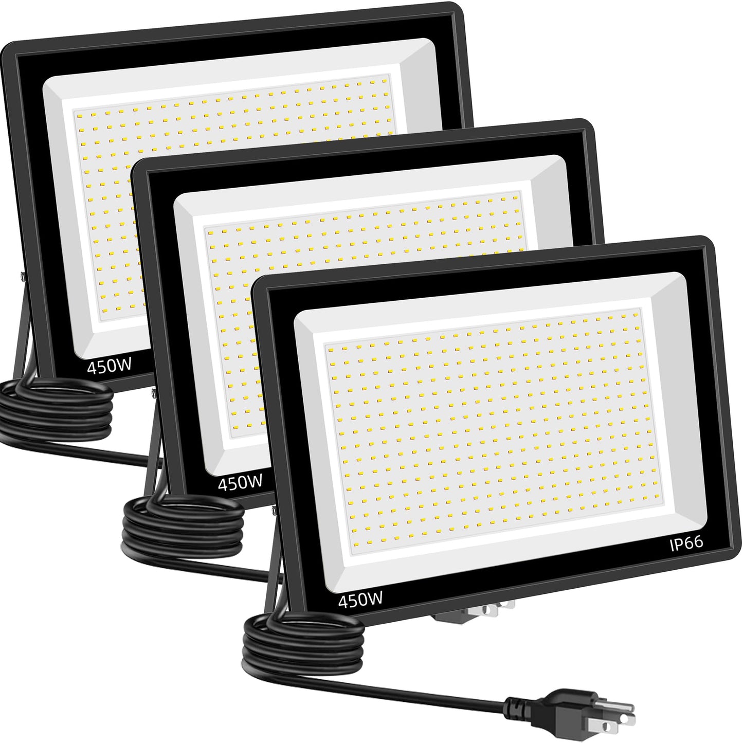 Sunkkes 450W Warm White LED Flood Lights,3000K Super Bright 54000LM Outdoor Security Lights with Plug, Exterior IP66 Waterproof Floodlight for Field,Playground,Garage, Garden, Arena(3 Pack)