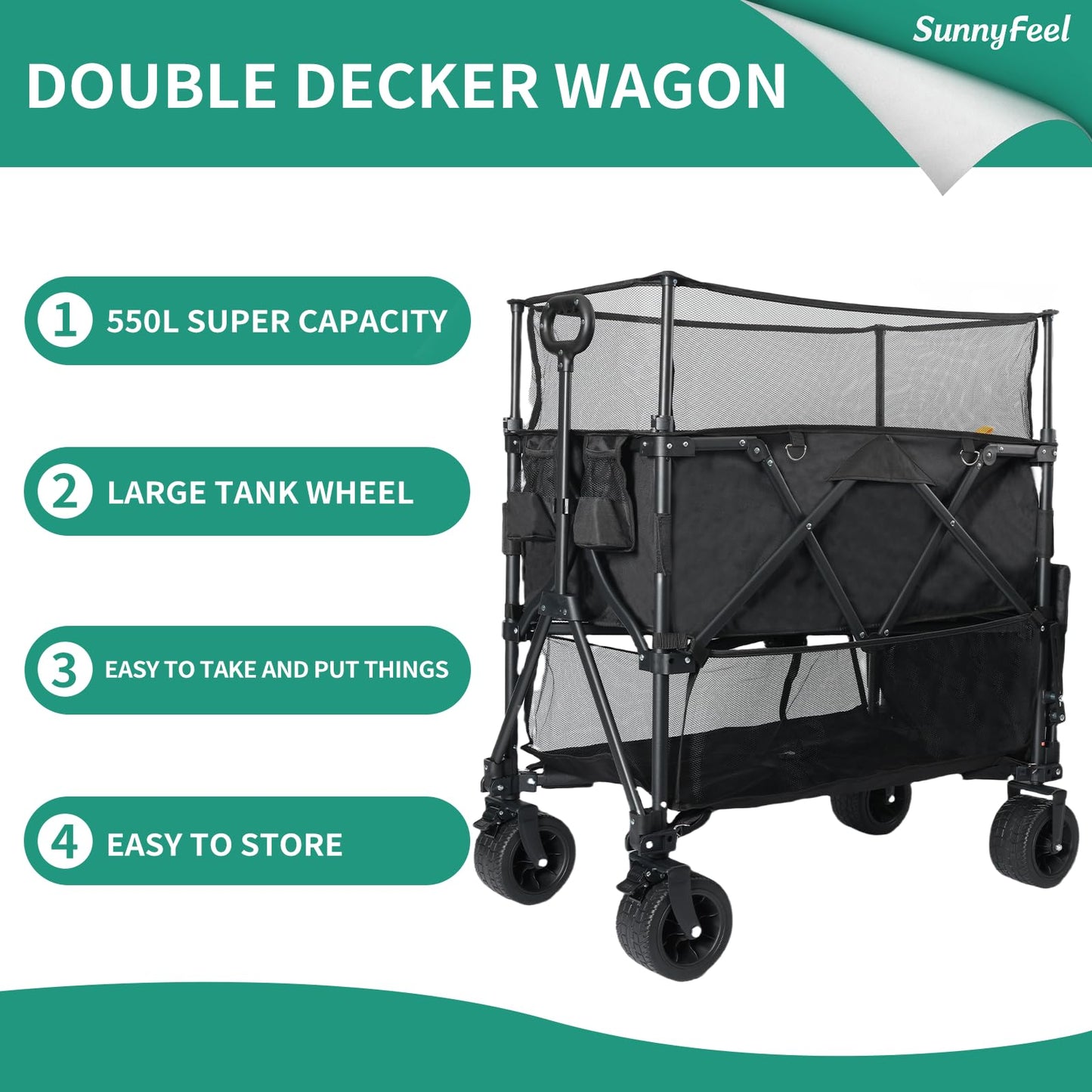 SUNNYFEEL 550L Large Capacity Folding Sports Wagon, 550LBS Heavy Duty Collapsible Cart,Extra High Extender Wagon Cart with Tailgate, All-Terrain Big Wheels for Camping Fishing & Outdoor Use，Black