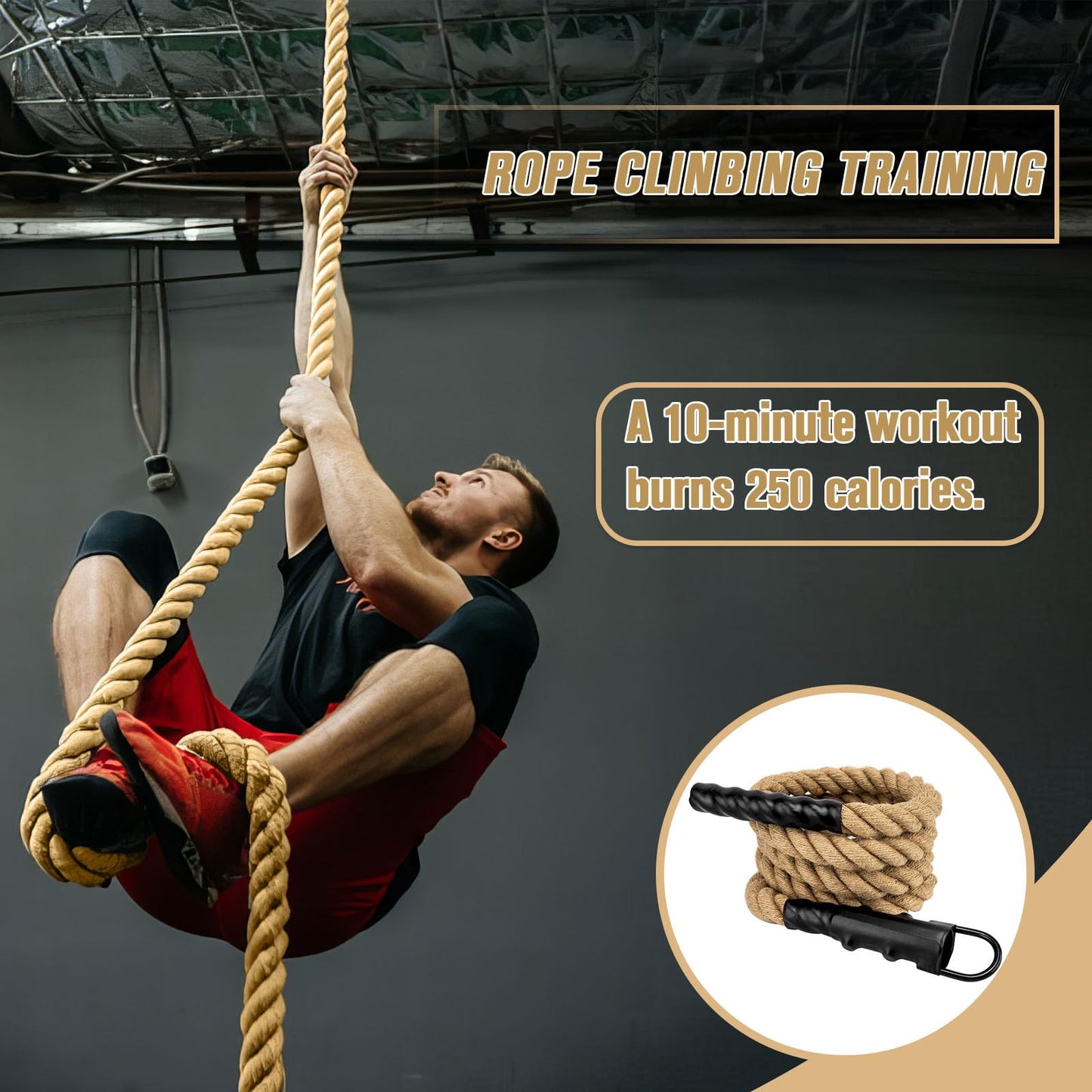 GDHSWJ Gym Climbing Rope, Indoor Outdoor Climbing Ropes - Climbing Rope for Adults - 10ft Length, 1.5" Diameter, Climbing Ropes with Hook for Indoor and Outdoor Fitness