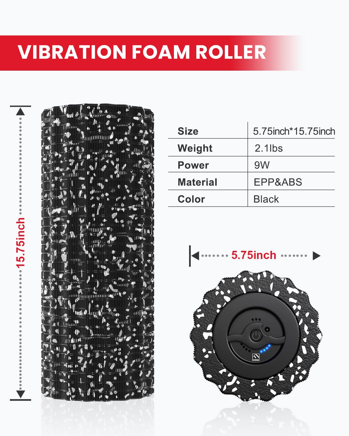 FITINDEX Vibrating Foam Roller for Muscle Deep Tissue, Back Pain Relief, Leg Foot Neck Massager, Exercise, Pilates, Muscle Recovery, Physical Therapy, 4-Speed, Rechargeable, Black