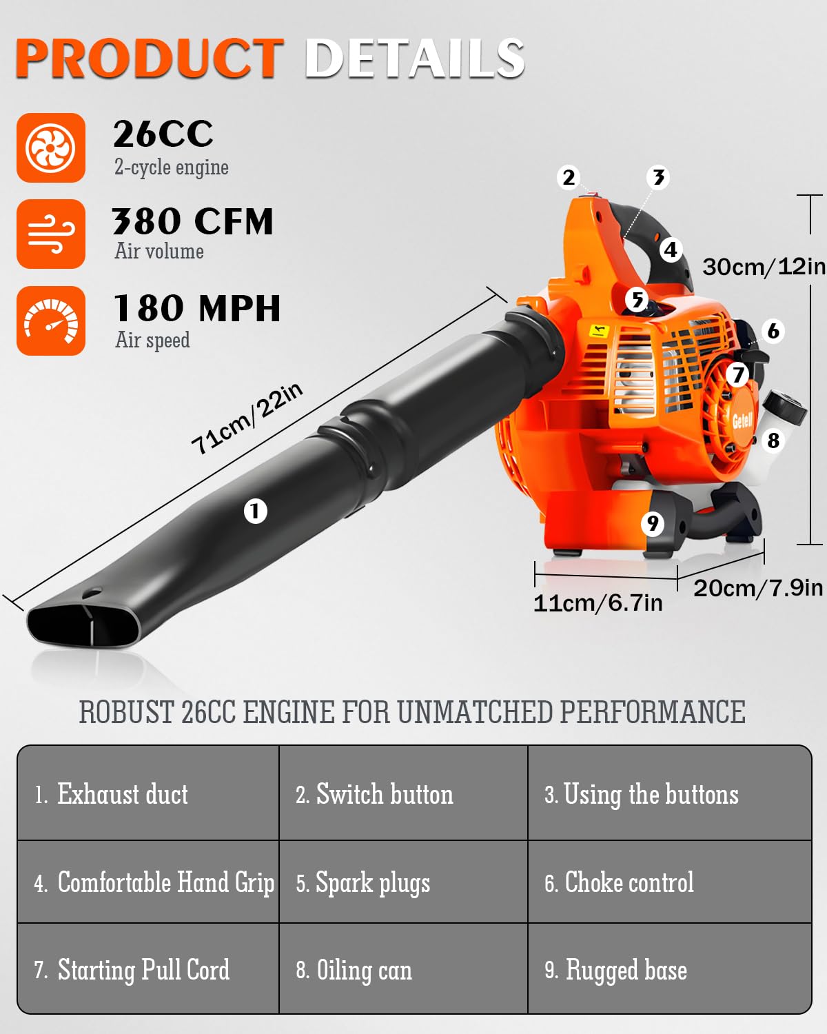 Getell Handheld Gas Leaf Blower – 26cc Two-Cycle Engine, 180 mph, 380 cfm – High-Velocity Yard Clearing Tool for Lawn Care, Driveways, and Light Snow Removal (Black Orange)