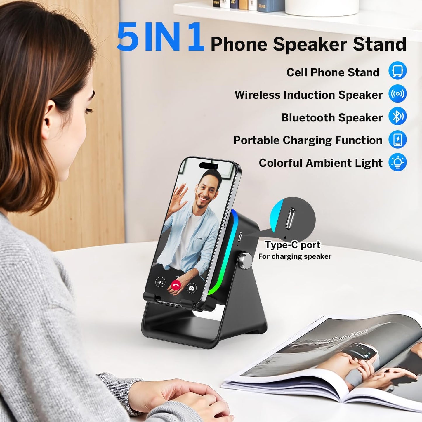 MILOUZ 5-in-1 3500mAh 8 360 Wireless Induction Speaker Bluetooth Speaker with Phone Stand,Stereo Sound, Rechargeable