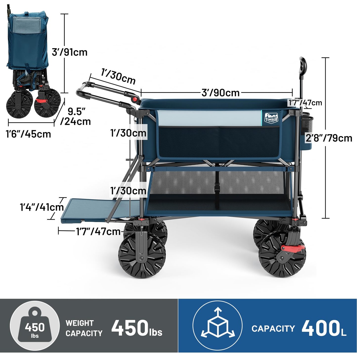 TIMBER RIDGE Push & Pull Double Decker Wagon, 400L Large Capacity Heavy Duty & 450lb Load, Collapsible Cart with All-Terrain Wheels & Brakes, 54” Extended Foldable for Sports, Beach, Camping, Blue