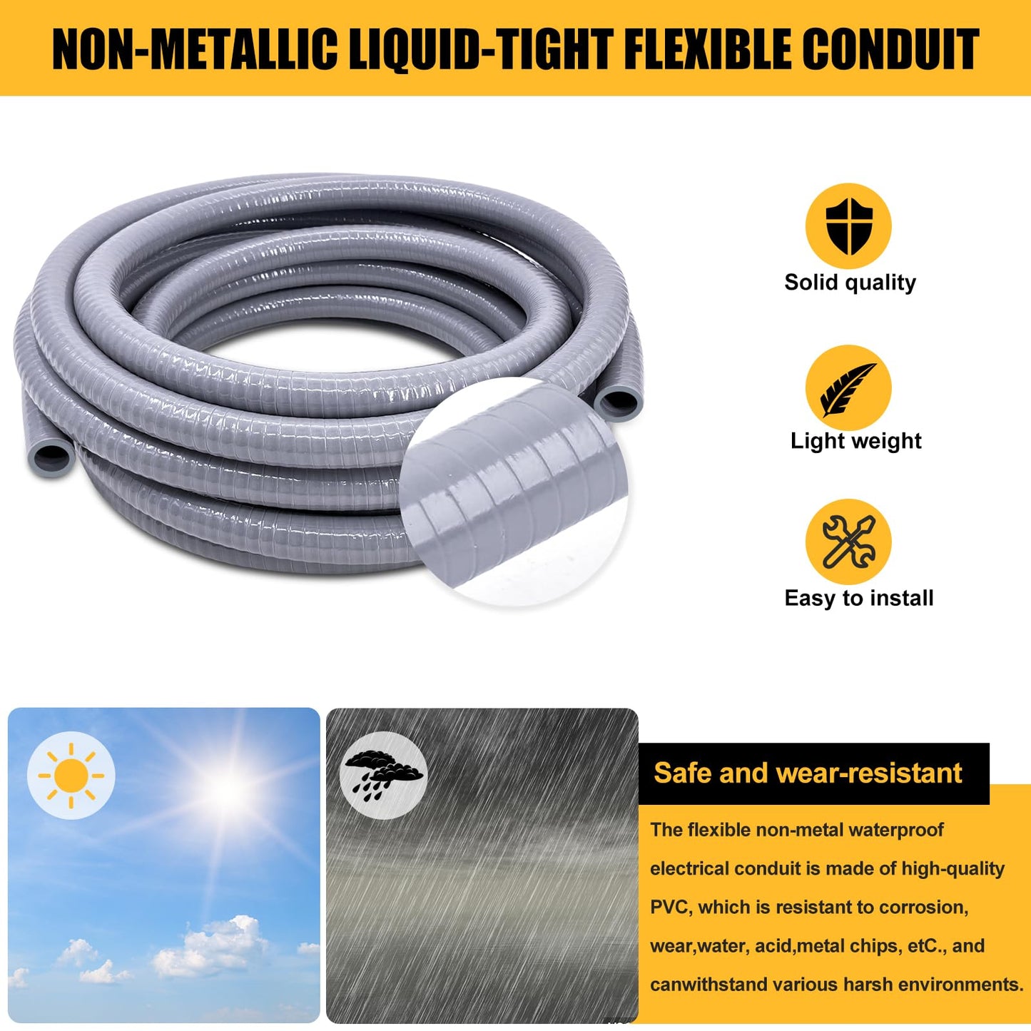 Wocloer 1-1/2 inch 50 Foot Liquid-Tight Conduit Kit, Flexible Non Metallic Electrical Conduit and Connector Kit, With 5 Straight and 4 Angle Fittings and Pipe Strap.