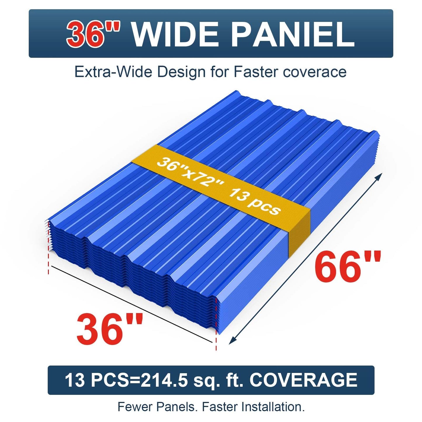13 Pack PPGI Metal Roofing Panels, 66" x 36", 28 Gauge, 214 Sq. Ft. Coverage, Prepainted Galvanized Steel Sheets for Residential, Commercial, Pergolas, Gazebos, Fencing, and Patio Roofs（Blue）