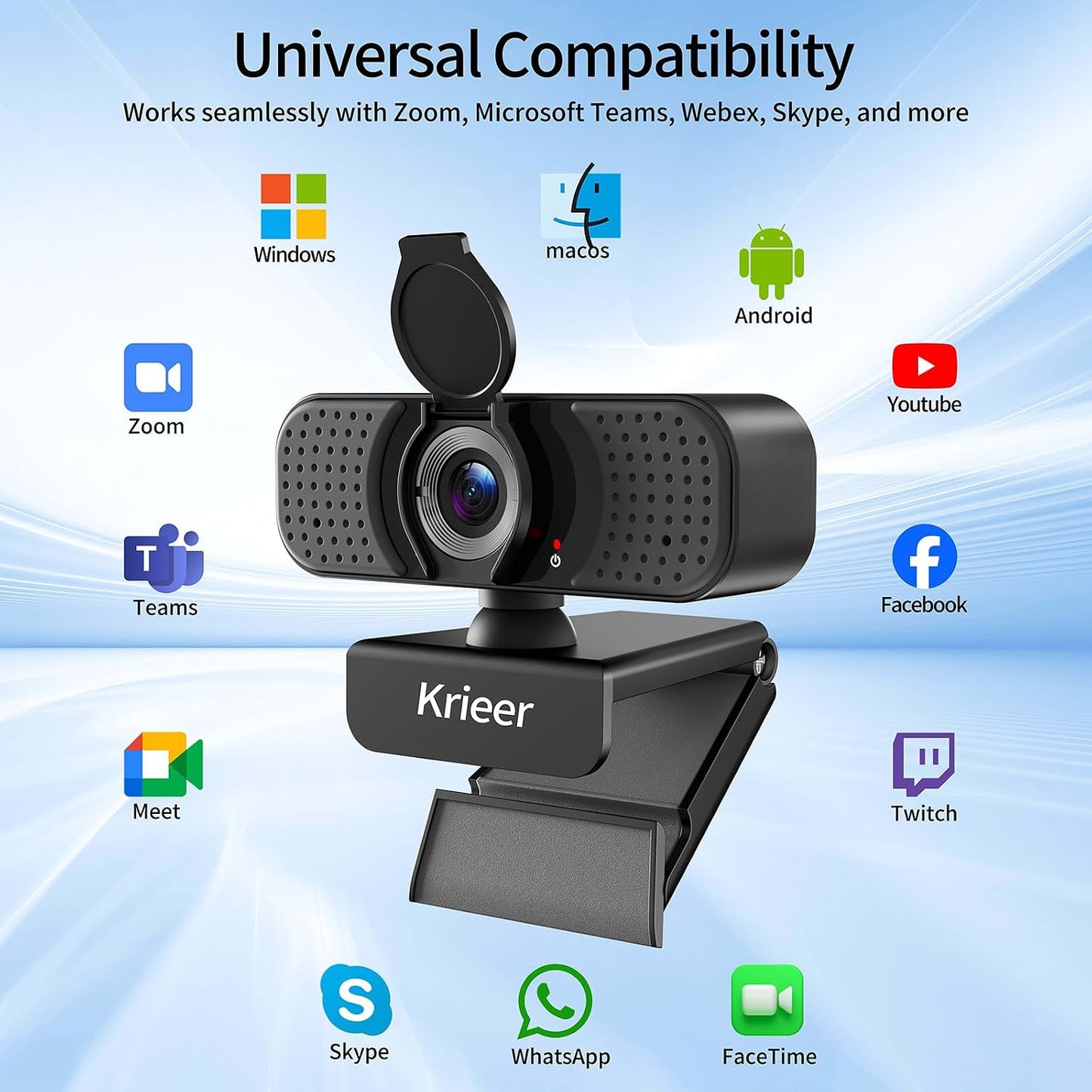 Krieer 1080P HD Webcam with Dual Mics Autofocus, Noise Cancellation, Wide-Angle, Auto Light Correction, Privacy Cover