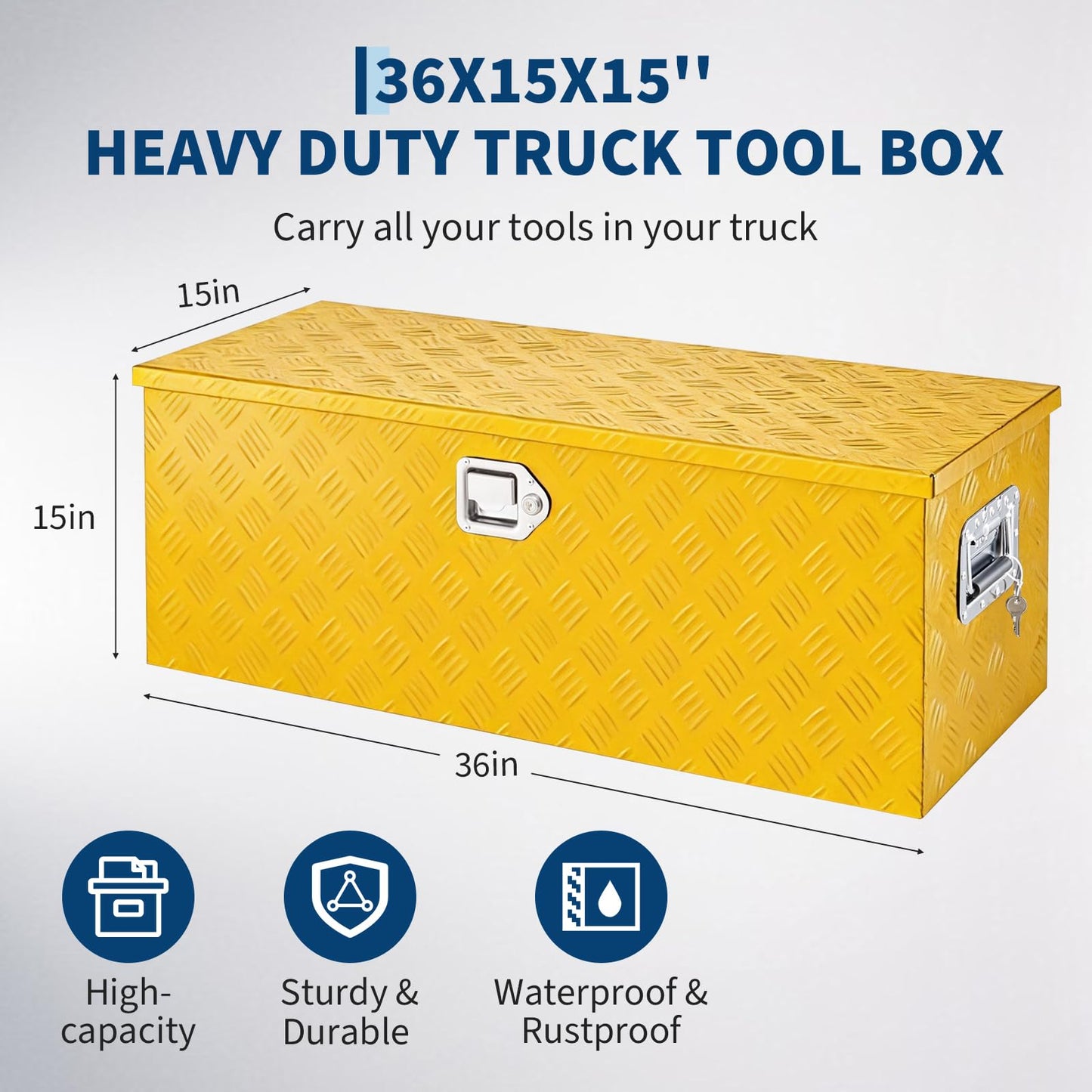 IDEALHOUSE Heavy Duty Aluminum Truck Bed Tool Box, 36x15x15 in - Lockable, Weatherproof Storage Chest with Gas Strut Lid, Organizer Tray, Side Handles, for Pickup, Trailer, RV - Five-Striped Yellow