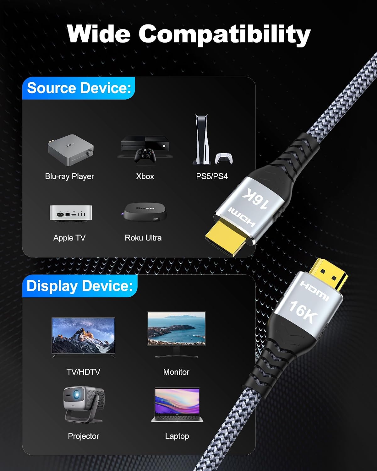 16K 10K 8K 2.2 10FT, 96Gbps 16@60Hz 8K@240Hz 4K@480Hz 2.2 2.3, P5S HDMI Cable Ultra High Speed Braided HDMI Cord, HDCP