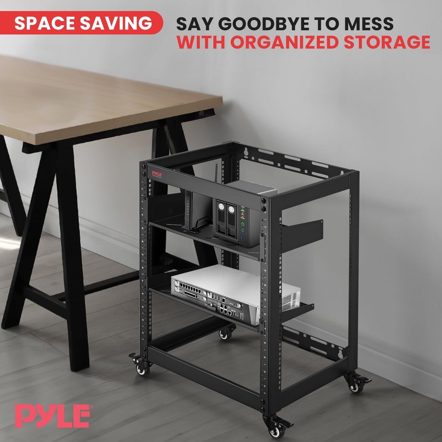 Pyle 15U Network Cabinet - Open Wall Mount Server Rack w/Heavy-Duty Wheels, Wall-Mountable, Steel Construction, Vented Shelves, Easy Access, 19" Equipment Compatible, 20 x 20 x 26 in (Black)