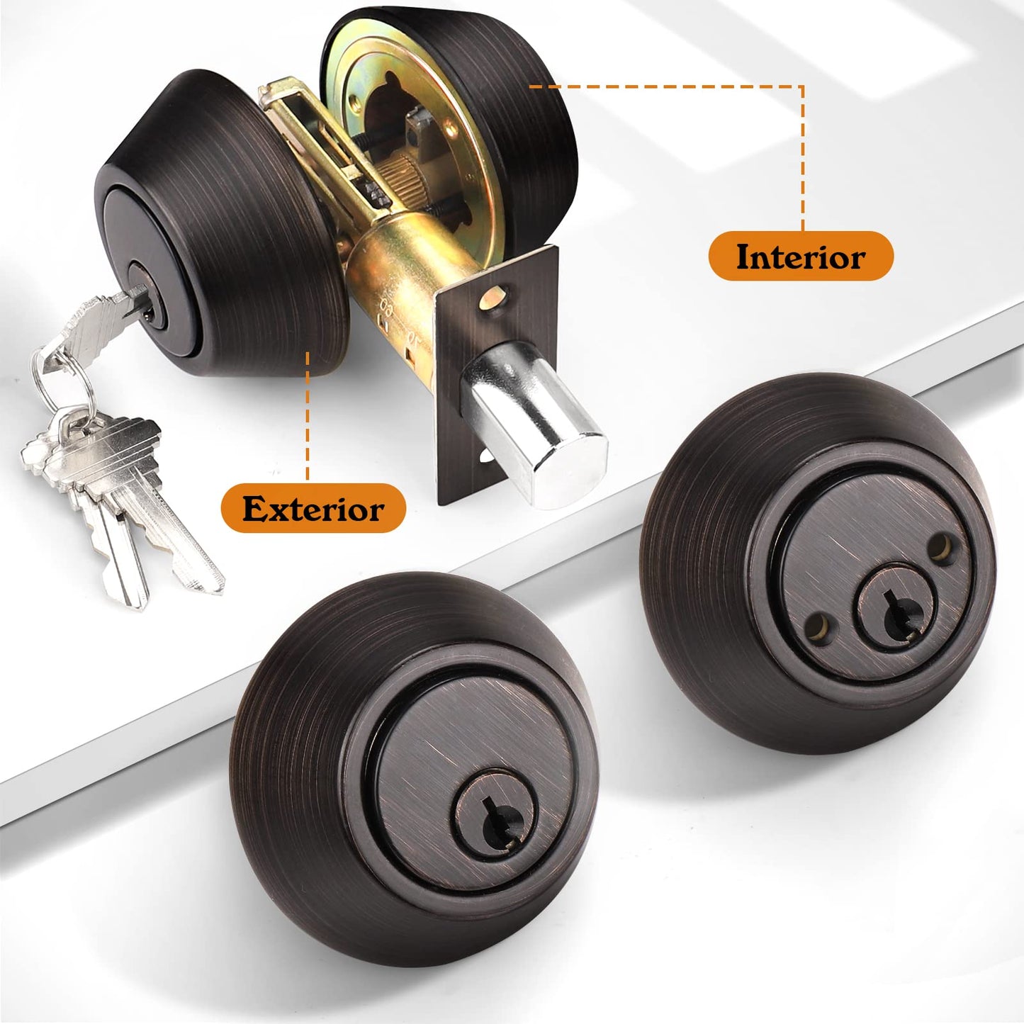 Probrico Oil Rubbed Bronze Round Double Cylinder Deadbolt Lock, Keyed Both Side Door Lock, Keyed Alike Combo 4 Pack