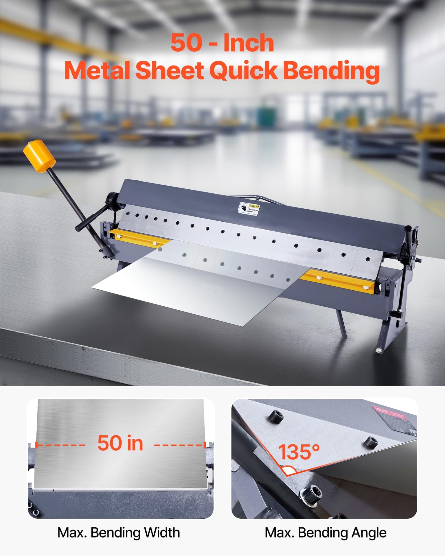 VEVOR Box and Pan Brake, 50 in Sheet Metal Bending Brake,16-Gauge Mild Steel Capacity, 0-135 Degree Adjustable, Metal Bender Machine with 16 Fingers, Heavy-Duty Aluminum Folder for Precise Bending
