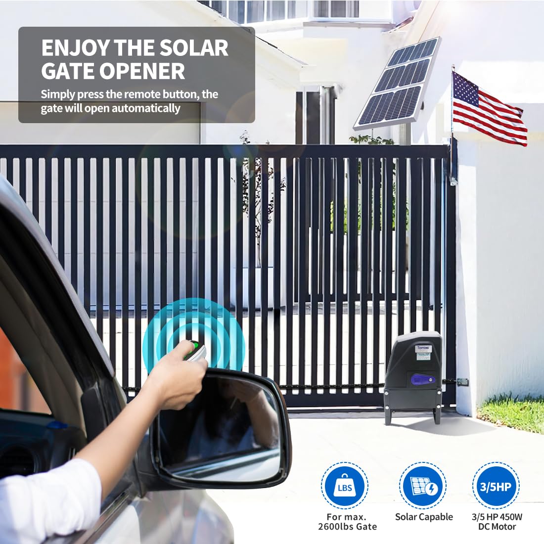 TOPENS DKC1100S Solar Sliding Gate Opener Chain Drive Automatic Gate Motor for Heavy Driveway Slide Gates Up to 2600 Pounds, Electric Gate Operator Battery Powered with Solar Panel Remote Control Kit