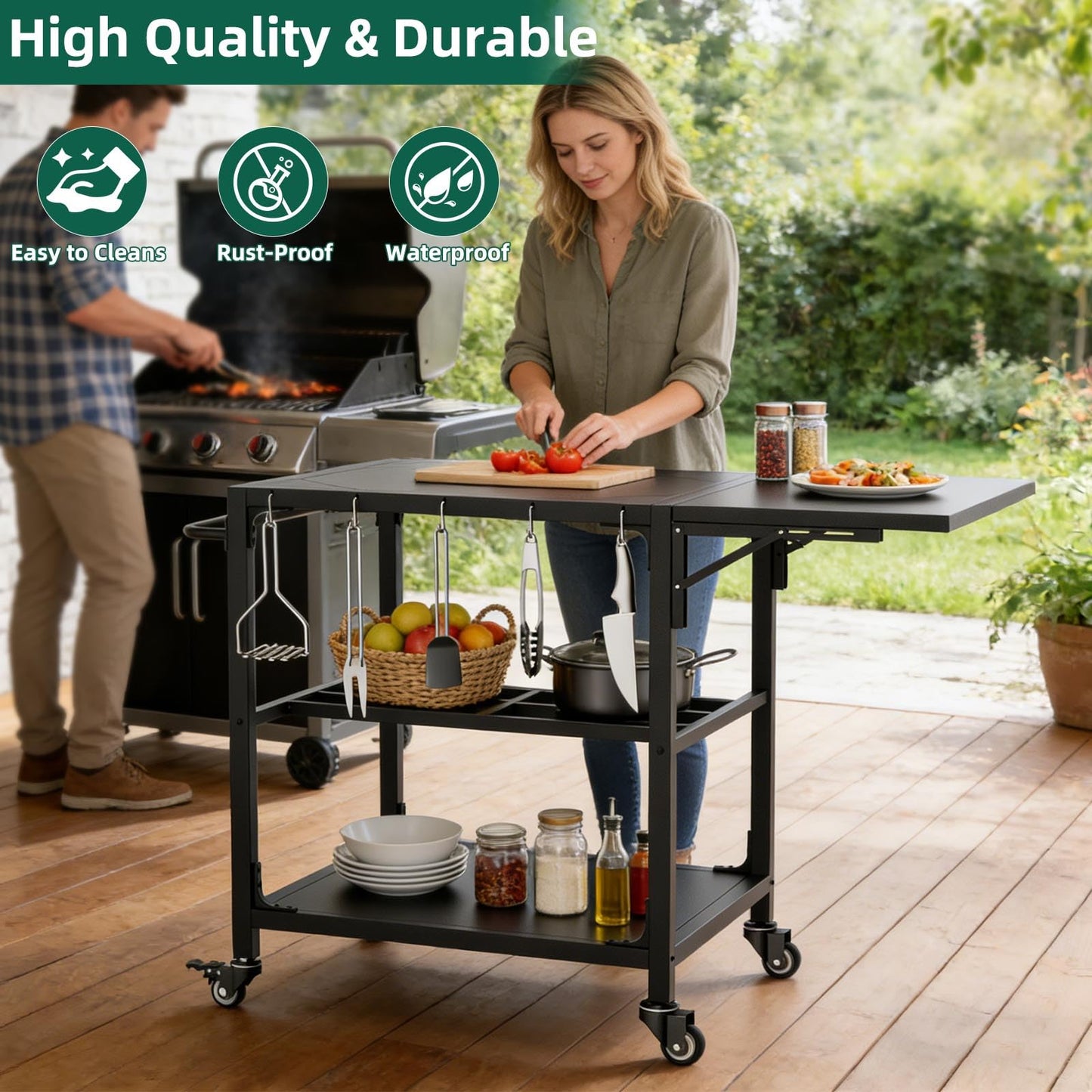 Outdoor Grill Table for Big Green Egg, Heavy Duty Metal Cart Prep Table with Wheels, Folding Panels, Storage Shelf, Hooks, Removable Central Cover, Compatible with Large Big Green Egg, Kamado Joe Jr