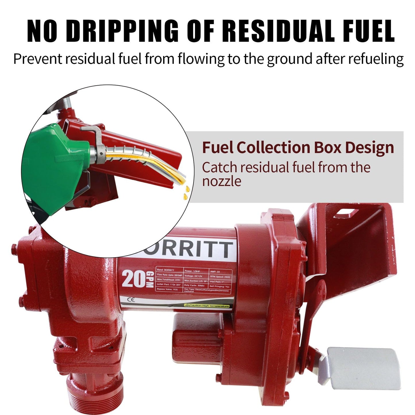 BORRITT Fuel Transfer Pump 12 Volt 20 GPM High Flow,w/Automatic Nozzle Green,DC Fuel Pump,Cast Iron Gas Heavy Duty Transfer Pump for Gasoline,Diesel, Kerosene,Ethanol Blends,Methanol Blends,Biodiesel