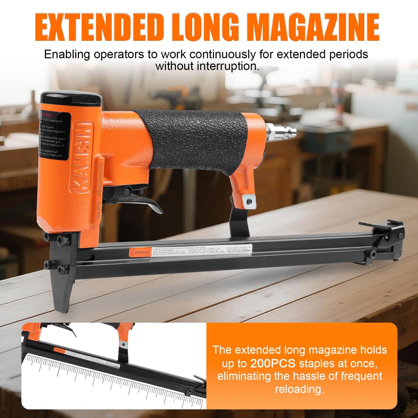 KAMSIN KNL8016 21 Gauge Pneumatic Upholstery Stapler with Extended Long Magazine, 1/2-Inch Crown Staples, 1/4-Inch to 5/8 -Inch(6-16mm) Leg Length, Air Power Fine Wire Stapler for Furniture, Cabinets