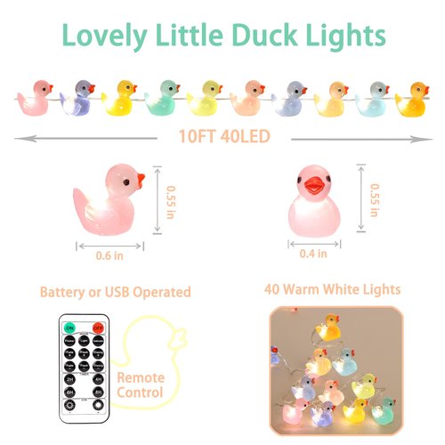 FLAVCHARM Mini Ducks String Lights USB Plug-in or Battery Operated Remote Timer 10ft 40LEDs Tiny Fairy Light for DIY Dollhouse Decor Micro Landscape Aquarium Craft Charms Birthday Gift Party Favor