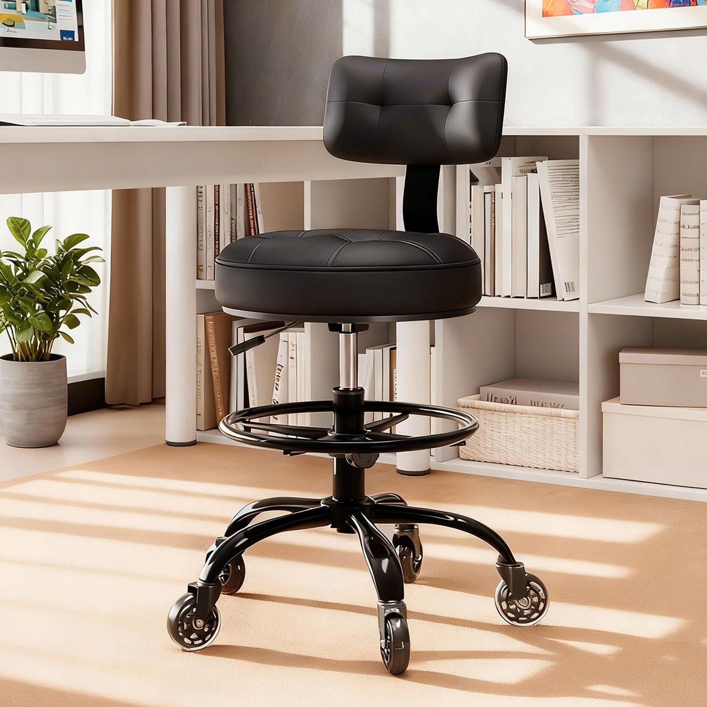 FREEKYROCK Office Drafting Chair with Footrest, Tall Height Adjustable Stool with Back Support, Heavy Duty Rolling Stool Chair with Wheels for Office Home Kitchen Bar Shop Guitar Studio Vanity, Black