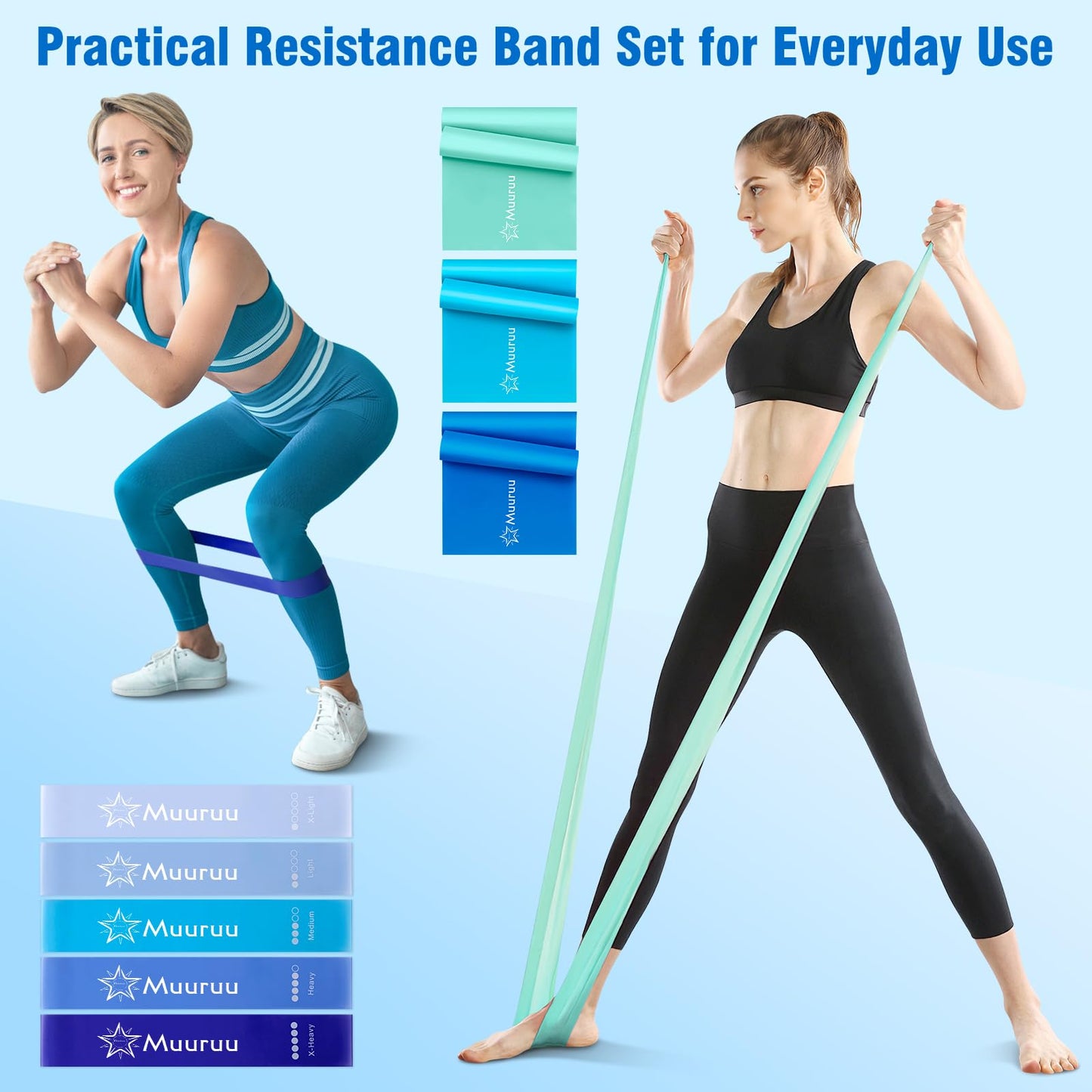 Muuruu Pilates Equipment Kit for Home Workout, Pilates Ring and Ball Set for Women, 14'' Magic Circle Essentials Accessories Kit, Wrist Weights, Resistance Bands, Yoga Strap, Socks, Bag Blue