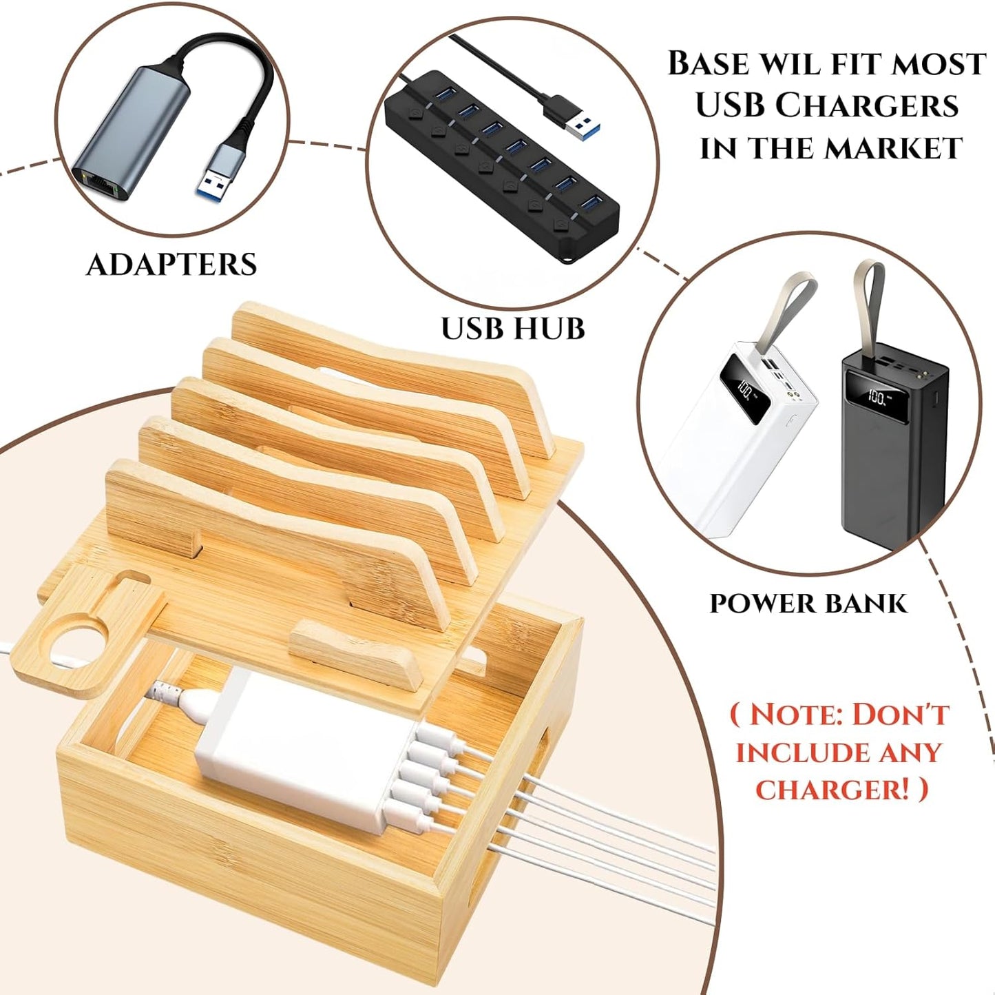 Acshio Bamboo Charging Station for Multi Devices, Small Desktop Docking Stand, Cell Phone Docking Station Charger